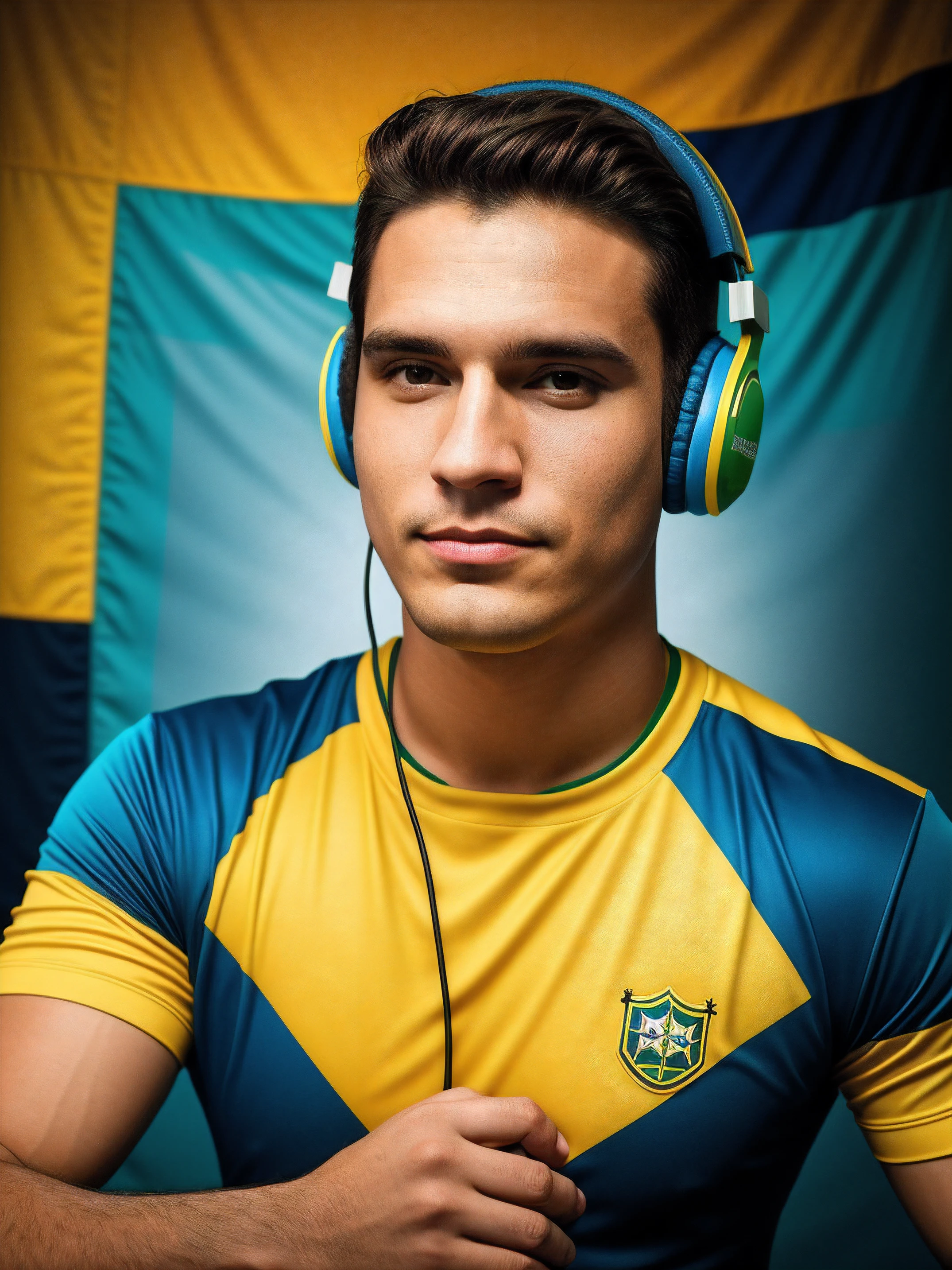 There's a man with headphones sitting at a table, usando um fone de ouvido para jogos, usando fone de ouvido para jogos, com fones de ouvido, com fones de ouvido, usando um fone de ouvido, usando fone de ouvido moderno, Streamer do Twitch / Jogador Ludwig, color photograph portrait 4k, rosto pintado de azul, amarelo e verde, inspirado na bandeira do brasil. pintura beatufil, 3 d render de jerma 9 8 5, pintura digital profissional