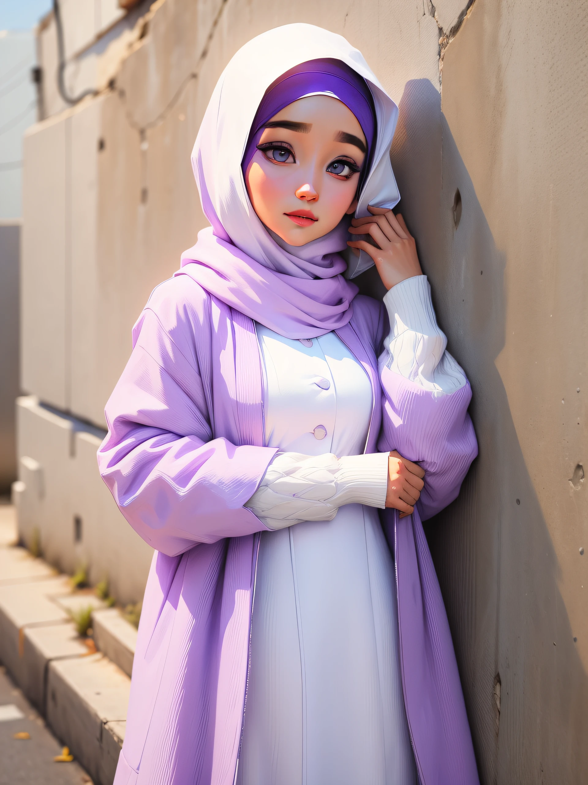 araffe woman in a white dress and purple jacket leaning against a wall, beauty girl, cute face, bg eyes, pose, close up, in hijab, dilraba dilmurat, white and purple, white hijab, inspired by Nazmi Ziya Guran, feminine in cute pastel shades, lilac, inspired by Ni Yuanlu, hijab, purple outfit, inspired by Fathi Hassan, in pastel colors, purple eyes and white dress