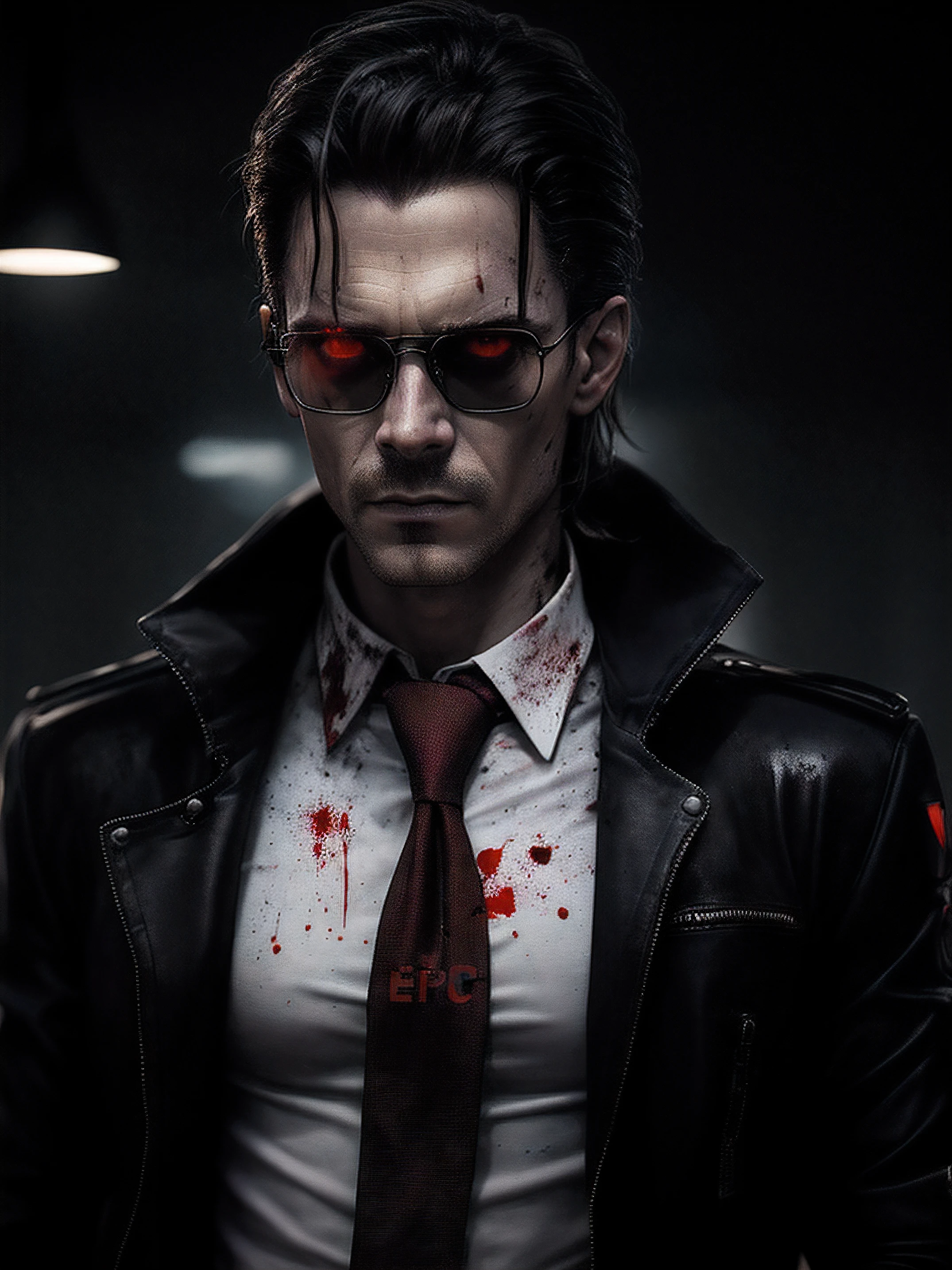 There's a man with a shirt splattered with blood and glasses, Estilo Felix Englund, inspirado em Egon von Vietinghoff, inspirado em John Carpenter, photo manipulation, Inspirado em Doc Hammer, Estilo cyberpunk ， hiper-realista, no estilo cyberpunk, epic portrait of menacing, foto retrato, photo - manipulation, red and cinematic lighting, Cara cyberpunk, Patrick Bateman)