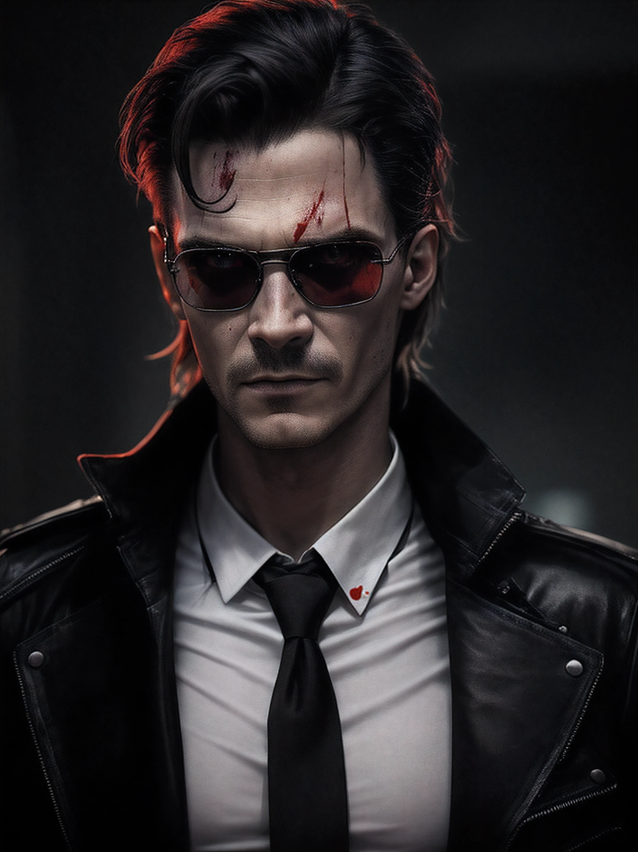There's a man with a shirt splattered with blood and glasses, Estilo Felix Englund, inspirado em Egon von Vietinghoff, inspirado em John Carpenter, photo manipulation, Inspirado em Doc Hammer, Estilo cyberpunk ， hiper-realista, no estilo cyberpunk, epic portrait of menacing, foto retrato, photo - manipulation, red and cinematic lighting, Cara cyberpunk, Patrick Bateman)