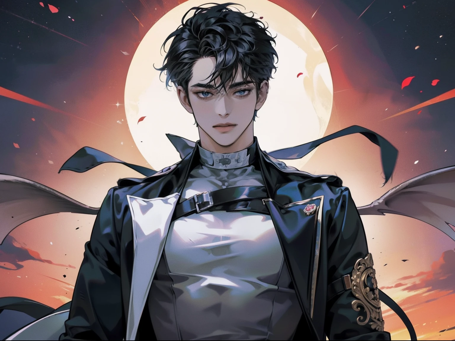 Hombre anime entre centeno con el sol saliendo, Anime hombre guapo，Cuerpo muculoso, atletico, cuerpo fornido, hombors amplios, ojos color ?????, rostro rudo, Cabello de color moreno，vestido de negro, Hermosa pose de anime, Retrato de anime de un hombre guapo, inspirado por Okumura Masanobu, Chico guapo en el arte del asesino de demonios, Chico de anime alto con ojos negros, Arte clave del anime, inspirado por Okumura Togyu, Key anime images, Joven hombre de anime