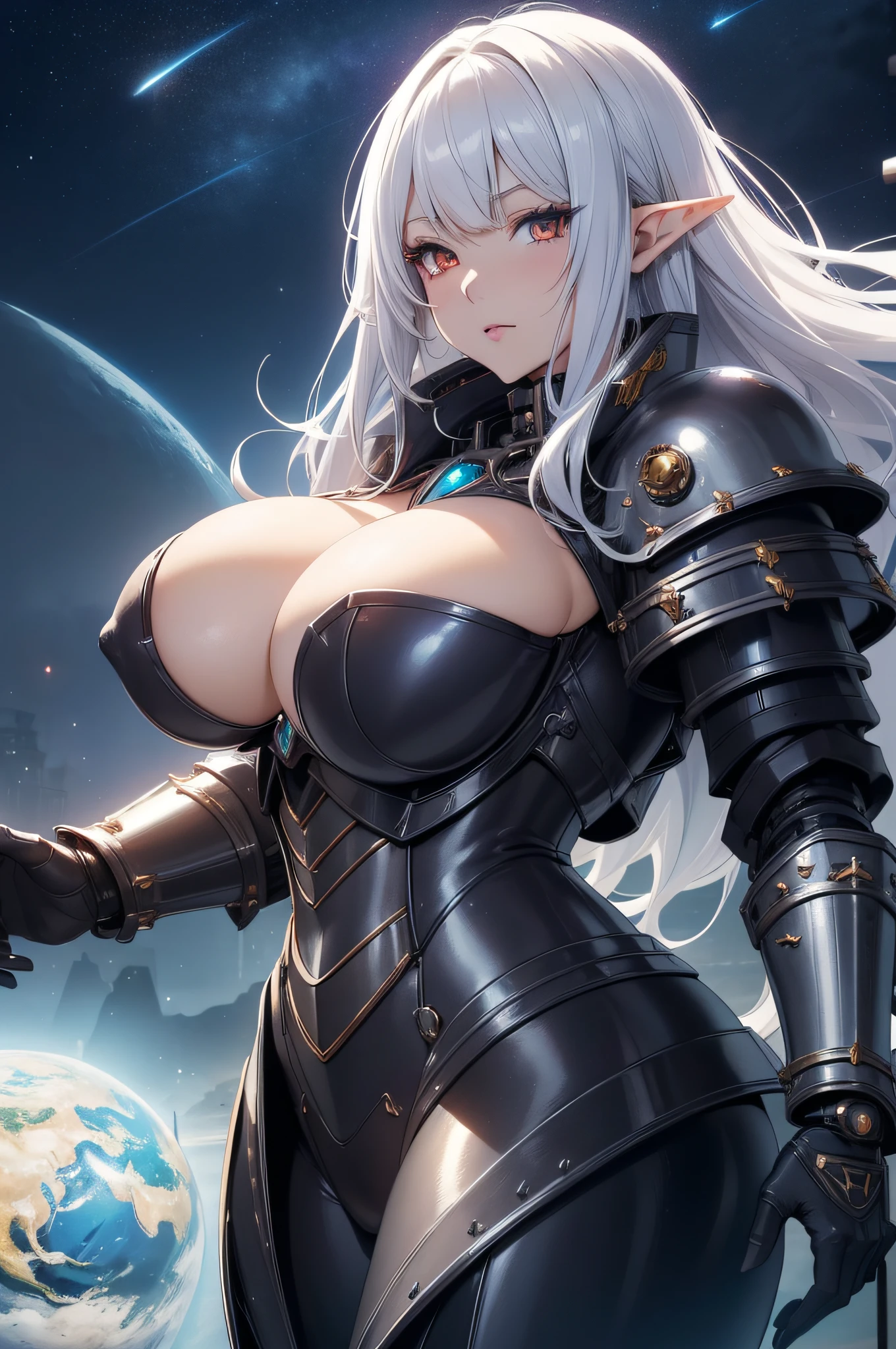 super high image, super detail, super high resolution, anime, manga, illustration,(full body image), Japanese beautiful elf, shiny silver hair, glowing yellow big eyes, red alluring moist thick lips, ecstatic expression, amorous expression, seductive look, (((((huge breasts))))), (((under boob))), (((side boob))), abs, great proportion, perfect proportion, slender, full body, ((witch Queen armor)), (background Sci-fi city planet in night sky), professional lighting, (power armor), (cybernetic armor), (mecha armor), (((steampunk armor))), (hour glass body type), (showing cleavage), (((Milf)))