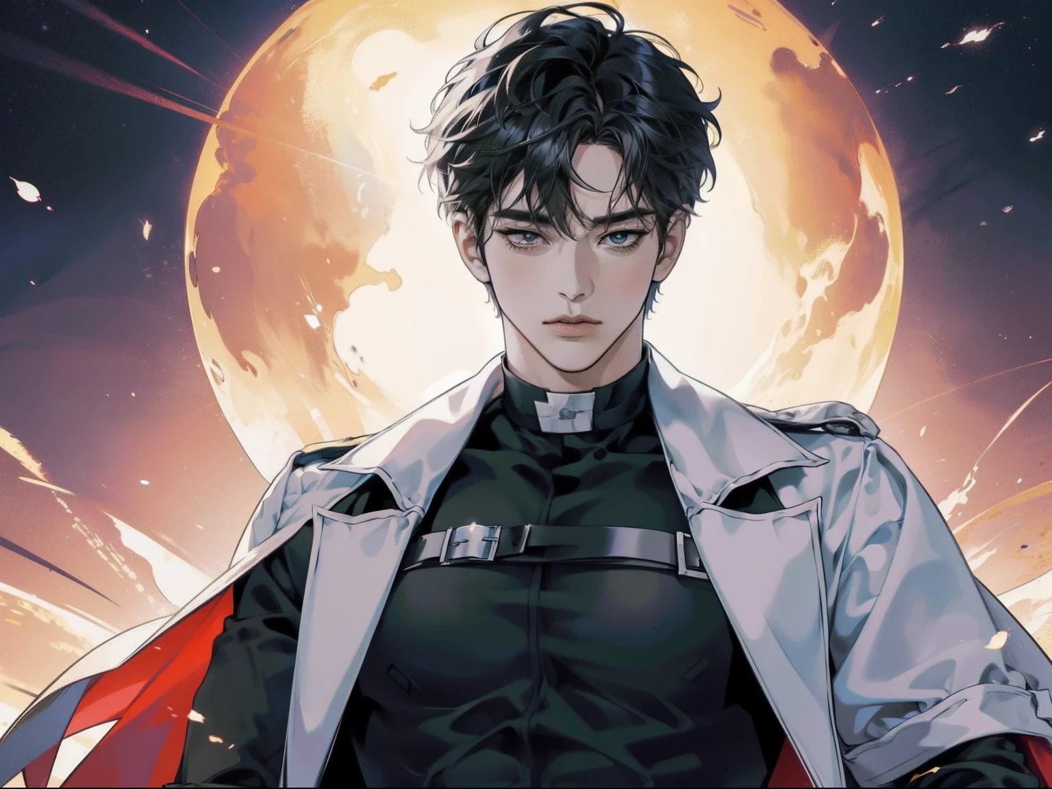 Hombre anime entre centeno con el sol saliendo, Anime hombre guapo,Cuerpo muculoso, atletico, cuerpo fornido, hombors amplios, Cabello de color moreno,vestido de negro, Hermosa pose de anime, Retrato de anime de un hombre guapo, inspirado por Okumura Masanobu, Chico guapo en el arte del asesino de demonios, Chico de anime alto con ojos negros, Arte clave del anime, inspirado por Okumura Togyu, Key anime images, Joven hombre de anime