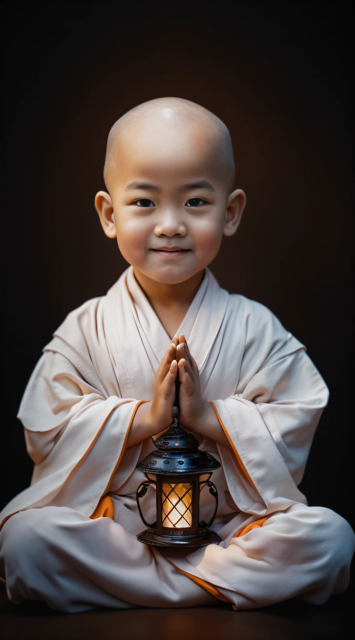 A little monk with a toddler，had his hands folded，sit with legs crossed，Orange monk robe，Perfect facial features，face to the viewer，with black background