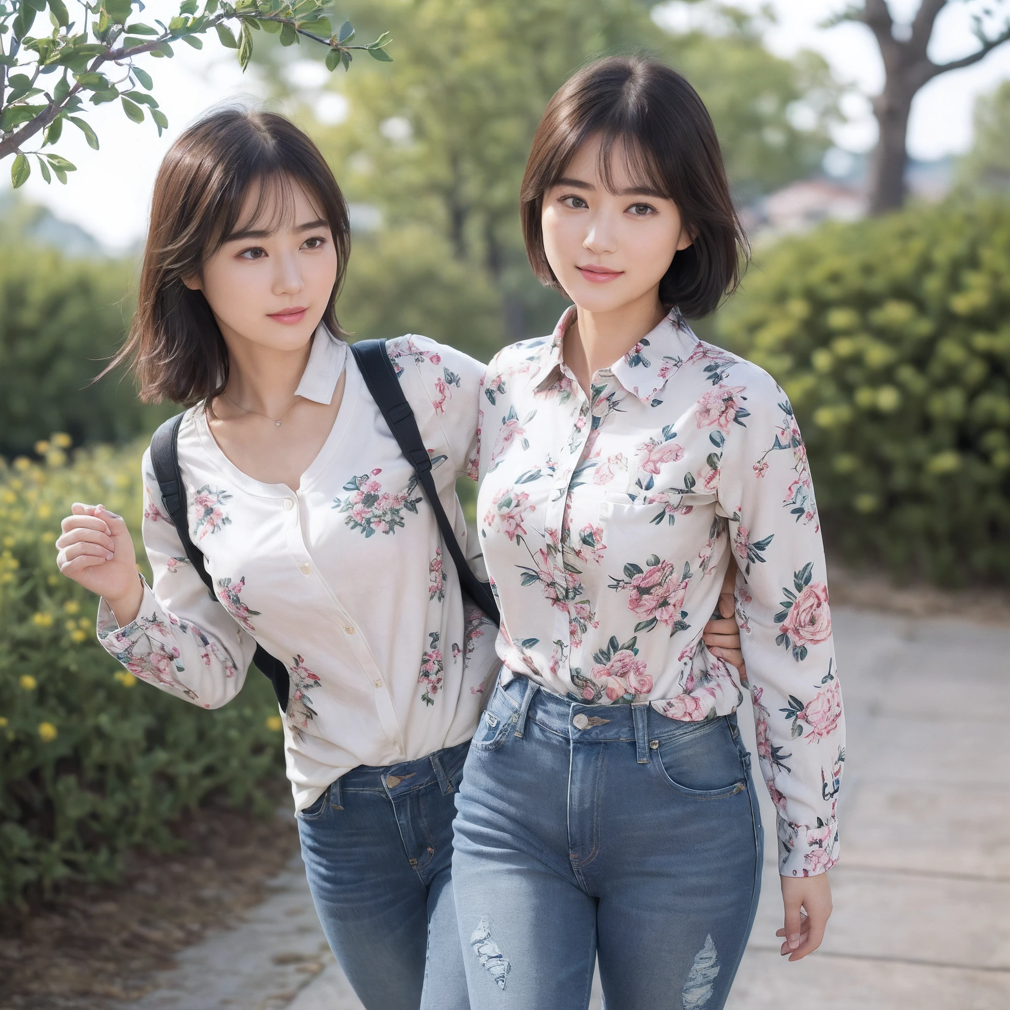 (8K、top-quality、​masterpiece:1.2)、(realisitic、Photorealsitic:1.37)、ultra-detailliert、((Beautuful Women))、((jeans - wear jeans))、((Long sleeve shirt with floral pattern))、hiking、((breast))、((black-short-hair))、plateau、((A slight smil))、((Walking))、((Carrying a rucksack))