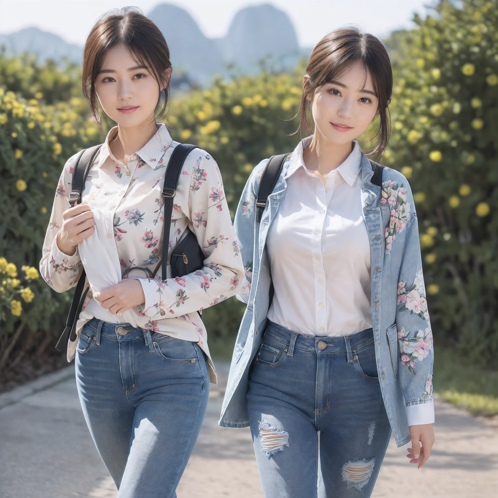 (8K、top-quality、masterpiece:1.2)、(realisitic、Photorealsitic:1.37)、ultra-detailliert、((Beautuful Women))、((jeans - wear jeans))、((Long sleeve shirt with floral pattern))、hiking、((breast))、((black-short-hair))、plateau、((A slight smil))、((Walking))、((Carrying a rucksack))