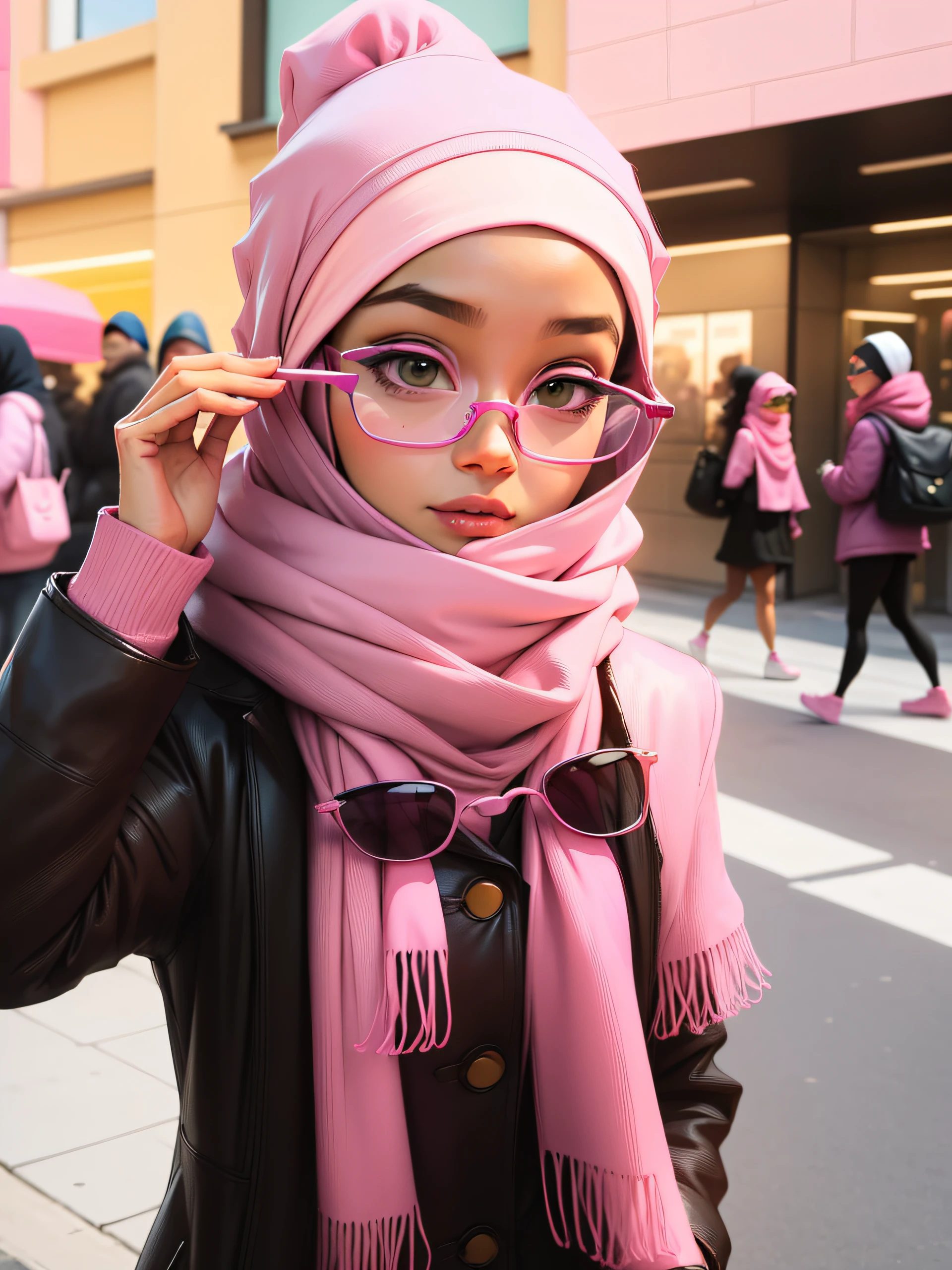arafed woman wearing a pink scarf and a hat and glasses, with square glasses, pink glasses, hijab, with glasses, pastel pink skin tone, cute beautiful, pink girl, wearing square glasses, girl with glasses, shades of pink, pastel pink, beautiful cute, spectacled, attractive girl, girl wearing round glasses, pink tones, ((pink))