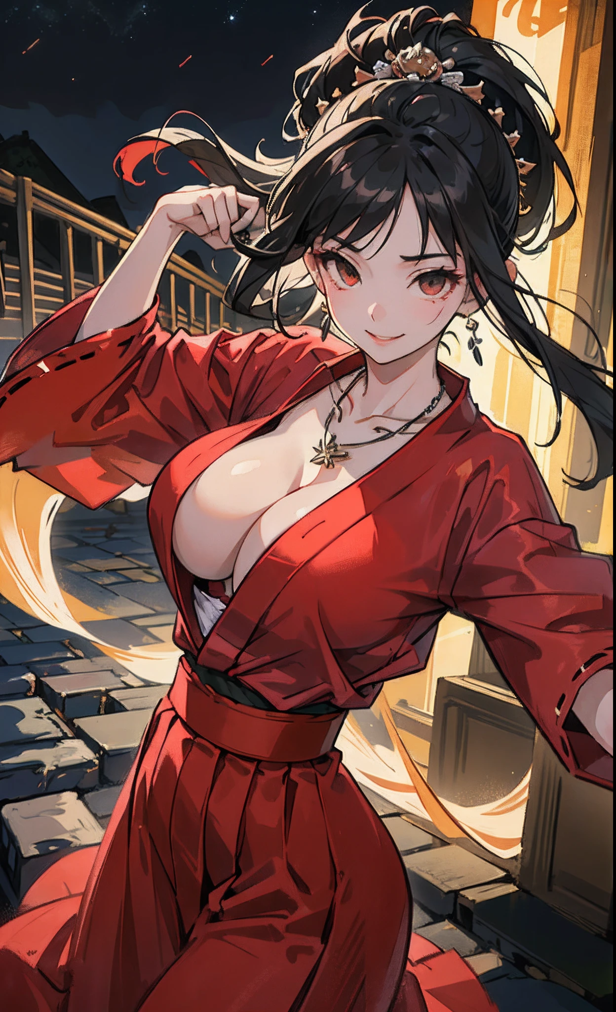 Sexy ager，huge tit，Hair Accessories and Necklaces，8K分辨率，top-quality，hyper HD，extreme hight detail，ancient environment，the night，Top Design，red hakama，Dynamic lens，Texture，Ancient wind,a smile,dance