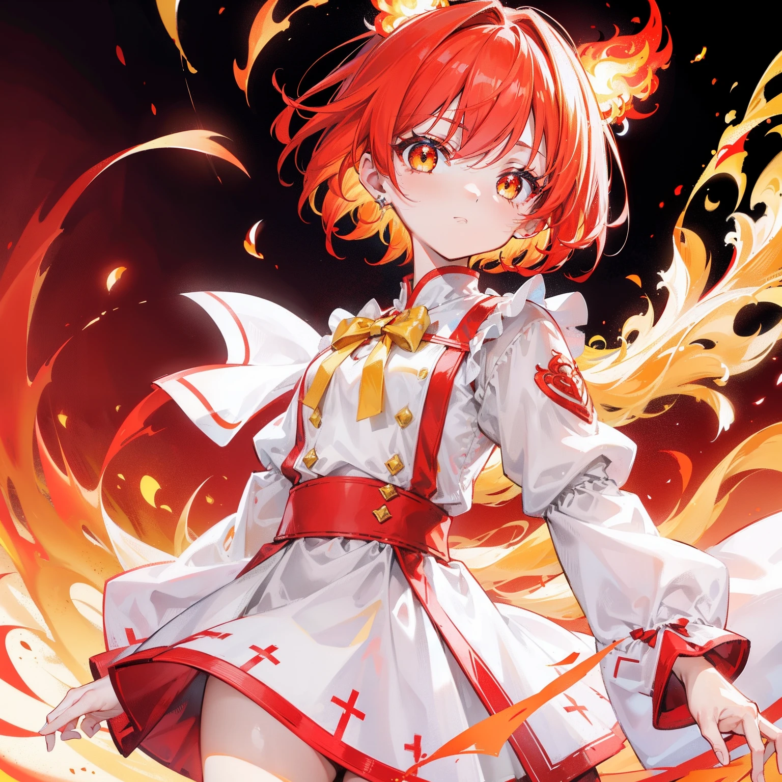with short white hair,Slightly reddish tinge,The head is decorated with a yellow bow,Crimson pupils,Red, Orange and yellow clothes,It's a cute ,White flame burning background,She will use white flames