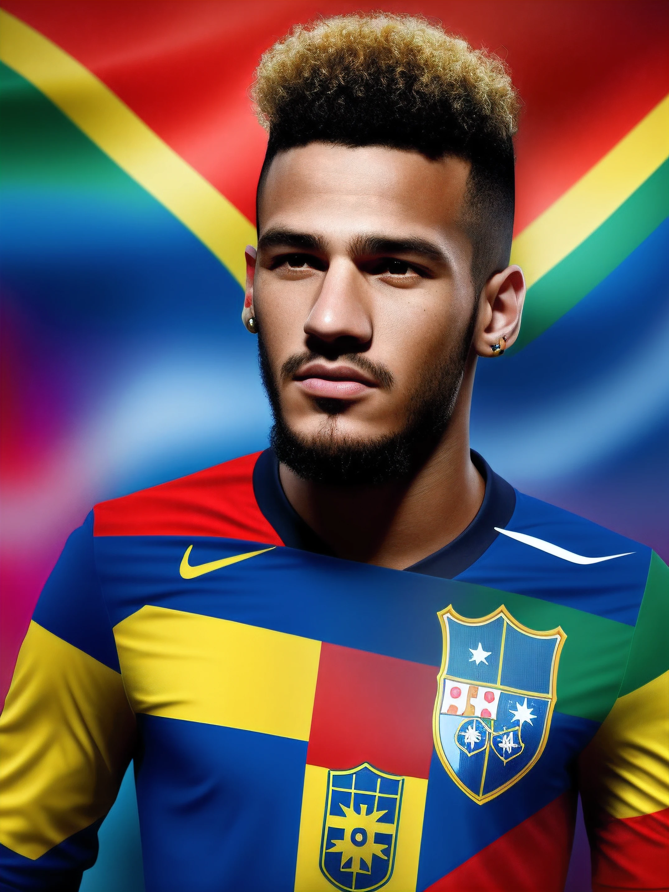 Homem com fones de ouvido e uma bandeira do Brasil pintada no rosto, inspired by Antônio Parreiras, Brasil, Vencedor do concurso da Shutterstock, inspirado em Nathan Oliveira, inspired by Caesar Andrade Faini, Neymar em Fortnite, na copa do mundo, Brasil, graphic design contest winner, inspired by Nuno Gonçalves, com fones de ouvido