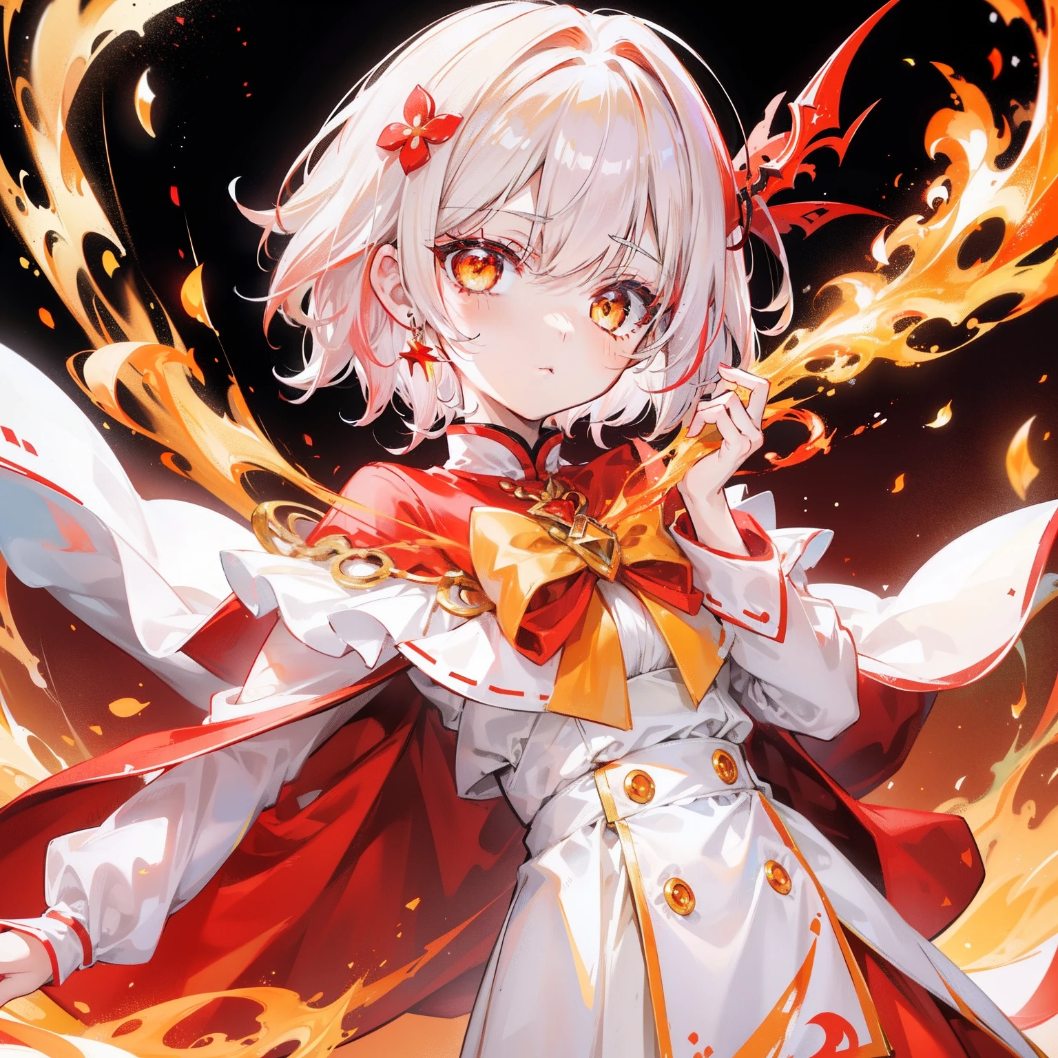 with short white hair,Slightly reddish tinge,The head is decorated with a yellow bow,Crimson pupils,Red, Orange and yellow clothes,It's a cute ,White flame burning background,She will use white flames
