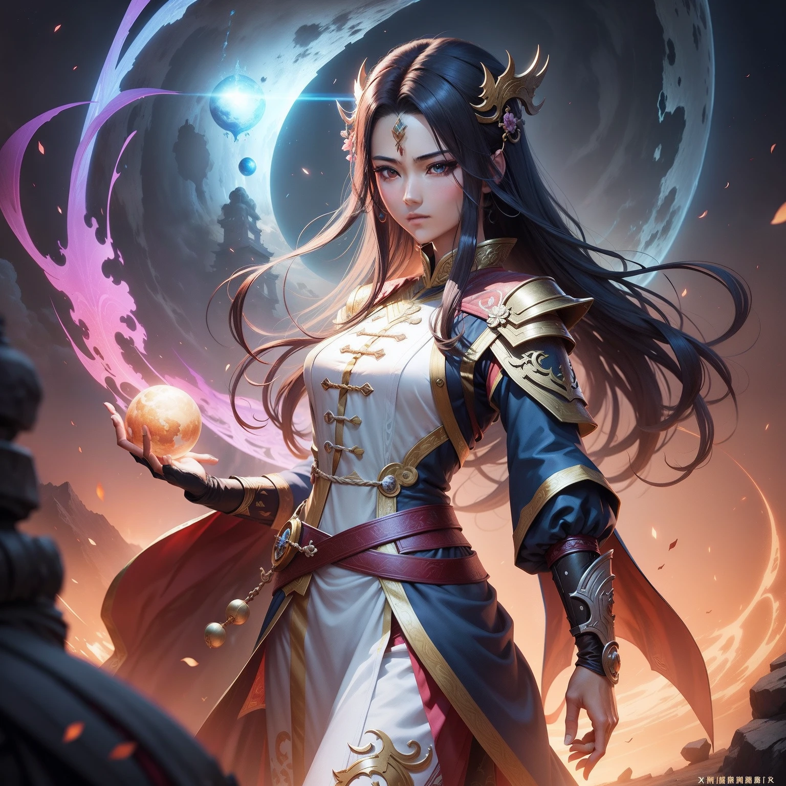 a woman in a white dress holding a sword and a fire ball, beautiful celestial mage, onmyoji detailed art, full portrait of elementalist, onmyoji, epic mage girl character, by Yang J, fire mage, flowing magical robe, heise jinyao, extremely detailed artgerm, female mage, ne zha from smite, ornate flowing robe