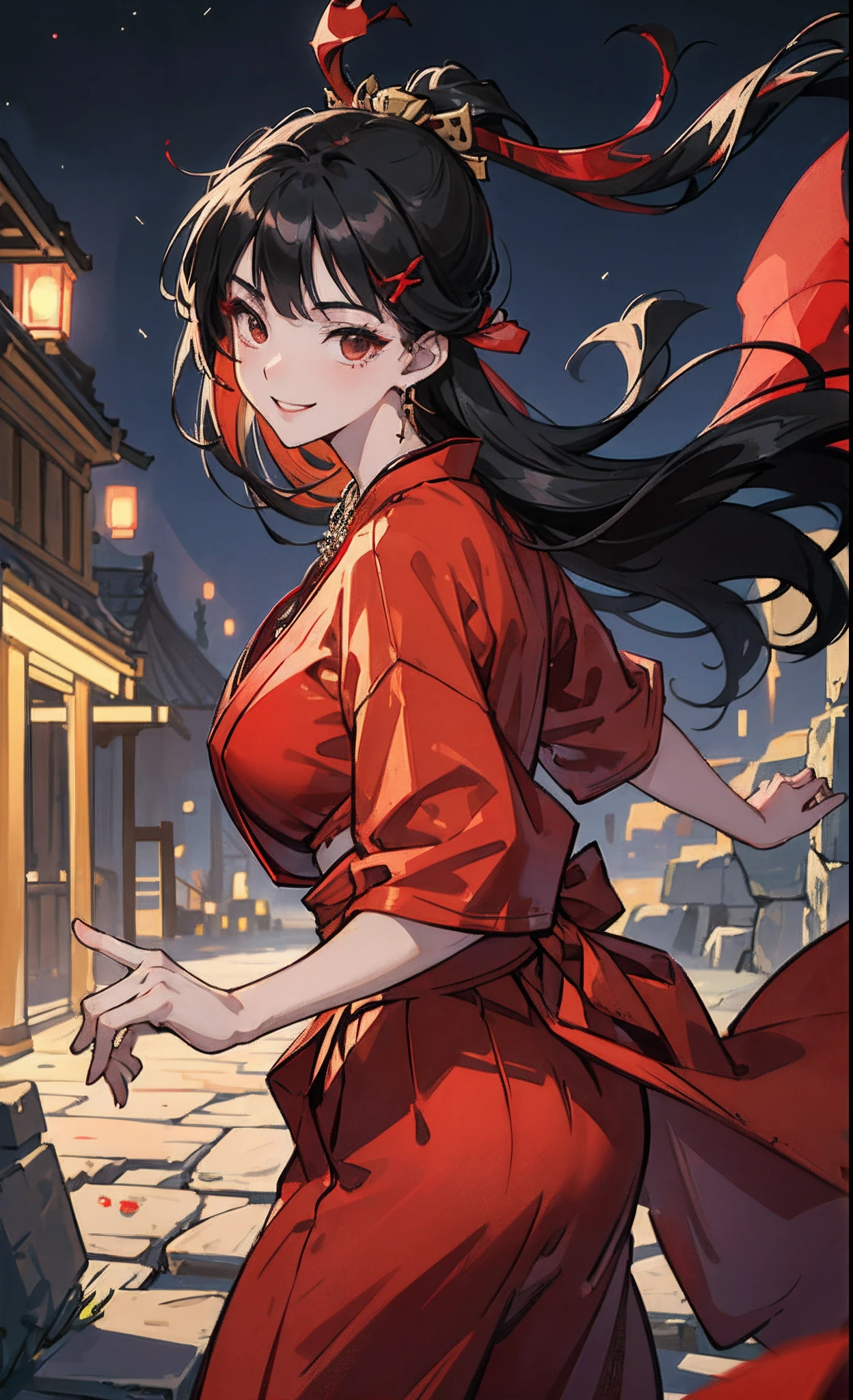 Sexy teenager，huge tit，Hair Accessories and Necklaces，8K分辨率，top-quality，hyper HD，extreme hight detail，ancient environment，the night，Top Design，red hakama，Dynamic lens，Texture，Ancient wind,a smile,dance