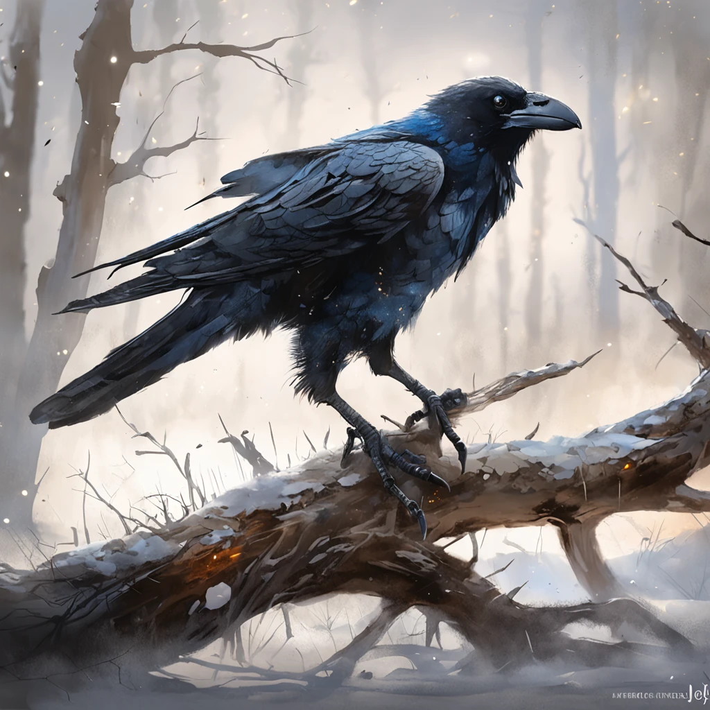 Two crows on a dead tree, A shadow shaped like a walker, Starry night, Thick fog on the ground, Blue light on the horizon, Unreal Engine 5, Cinematic, low angle photography, Motion blur, Depth of field, Dust, Cobblestones and dirt. Splash Art, dripping paint. Perfect color grading. Influenced by Karel Appel and Jeremy Mann, Full of dramatic and threatening scenes, Hyper-detailed, Beautiful, insanely details, Intricate details, editorial photography, shot with a 50mm lens, Depth of field, Tilt Blur, Shutter speed 1/1000, f/22. Lightmaps, Super bright