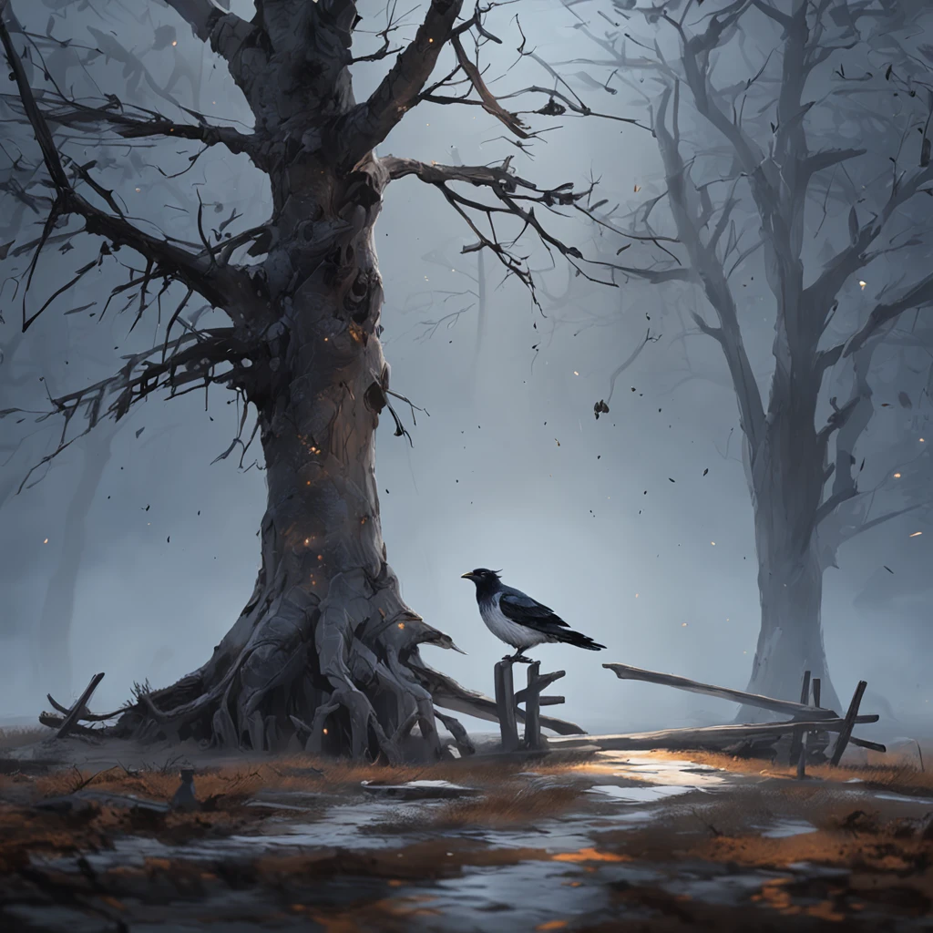 Two crows on a dead tree, A shadow shaped like a walker, Starry night, Thick fog on the ground, Blue light on the horizon, Unreal Engine 5, Cinematic, low angle photography, Motion blur, Depth of field, Dust, Cobblestones and dirt. Splash Art, dripping paint. Perfect color grading. Influenced by Karel Appel and Jeremy Mann, Full of dramatic and threatening scenes, Hyper-detailed, Beautiful, insanely details, Intricate details, editorial photography, shot with a 50mm lens, Depth of field, Tilt Blur, Shutter speed 1/1000, f/22. Lightmaps, Super bright