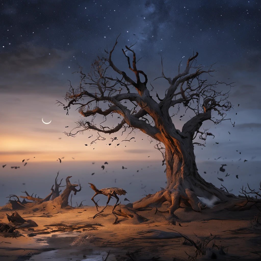 Two crows on a dead tree, A shadow shaped like a walker, Starry night, Thick fog on the ground, Blue light on the horizon, Unreal Engine 5, Cinematic, low angle photography, Motion blur, Depth of field, Dust, Cobblestones and dirt. Splash Art, dripping paint. Perfect color grading. Influenced by Karel Appel and Jeremy Mann, Full of dramatic and threatening scenes, Hyper-detailed, Beautiful, insanely details, Intricate details, editorial photography, shot with a 50mm lens, Depth of field, Tilt Blur, Shutter speed 1/1000, f/22. Lightmaps, Super bright
