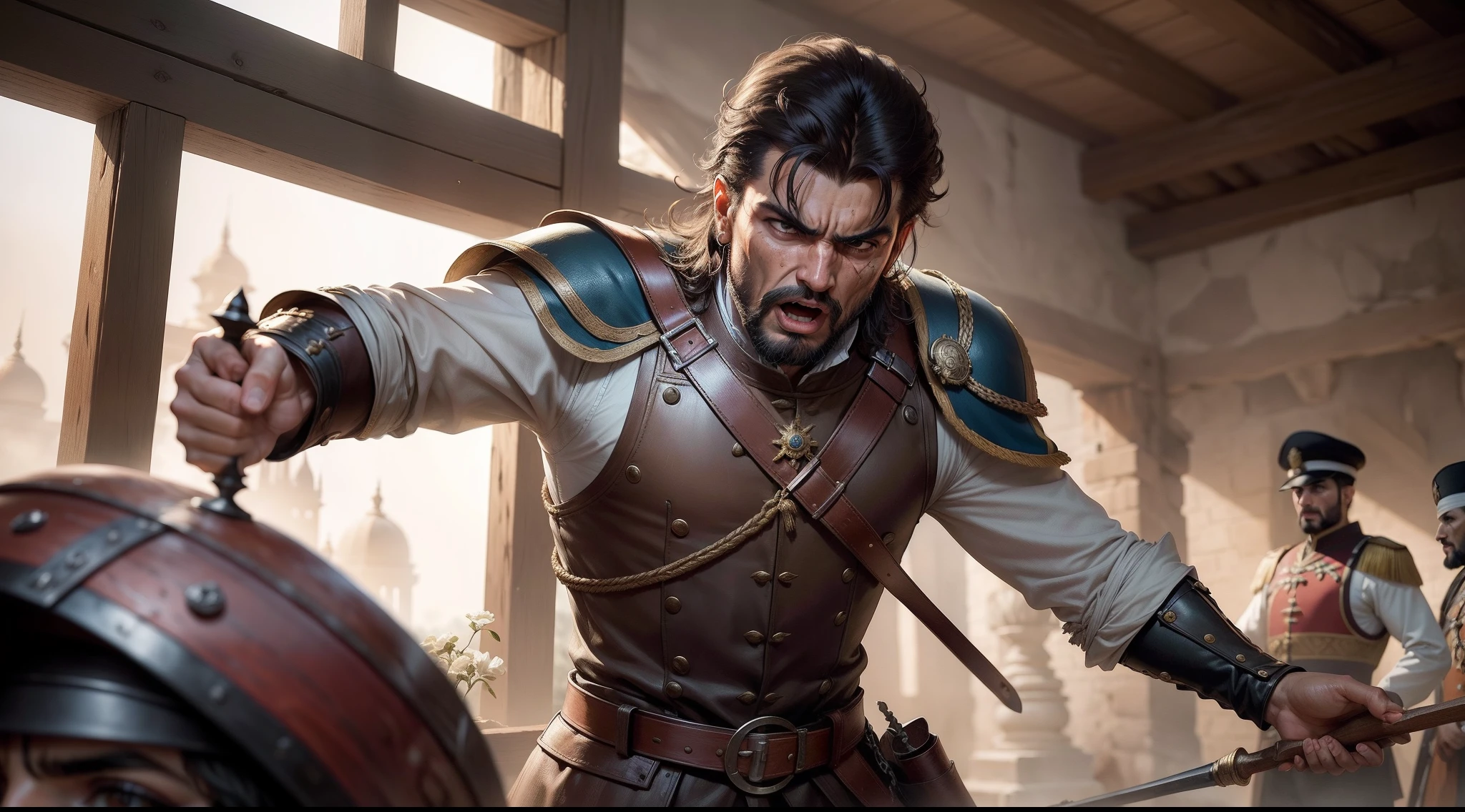 (best quality), (masterpiece), Lourenzo de Brito, a 15th-century Portuguese captain, defending a wooden stockade in India during the age of exploration. The image should depict a defending skirmish, with Lourenço firmly and solidly positioned, shouting commands. His face should bear a weathered appearance with a noticeable scar. The overall ambiance should capture the intensity of the moment, showcasing the brave and commanding nature of Lourenzo.