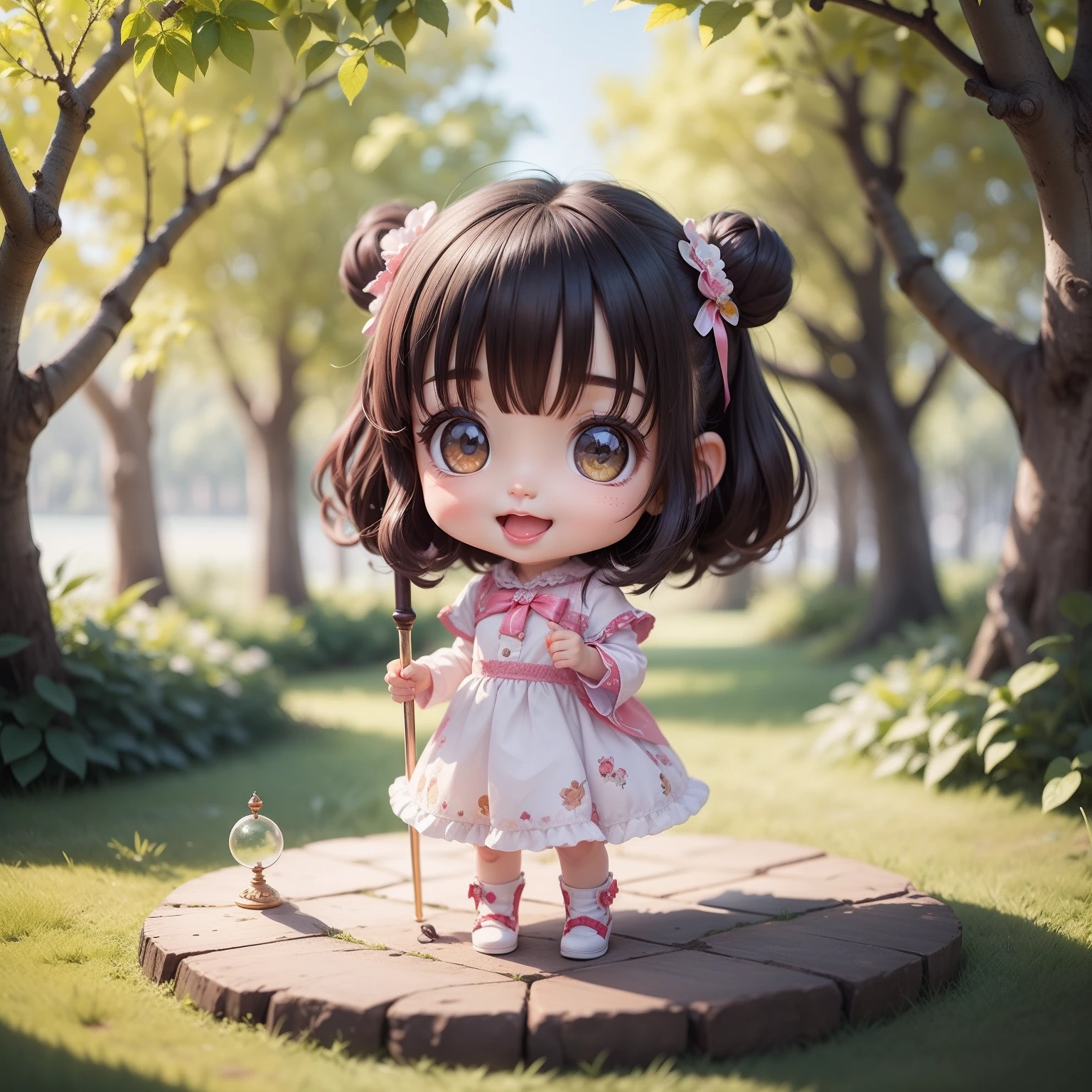 Cute Baby Chibi Anime,Super masterpiece, top-quality, Ultra-detailed, girl1、（（（Chibi）））、A dark-haired、magical little girl、magic circles、Magic cane、Open your mouth and smile、Looking at the camera、Fulll body Shot、Fairytale Magical Land Forests and Lakes