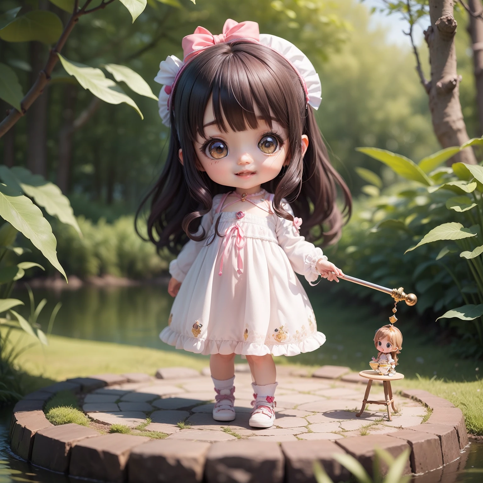 Cute Baby Chibi Anime,Super masterpiece, top-quality, Ultra-detailed, girl1、(((Chibi)))、A dark-haired、magical little girl、magic circles、Magic cane、Open your mouth and smile、Looking at the camera、Fulll body Shot、Fairytale Magical Land Forests and Lakes