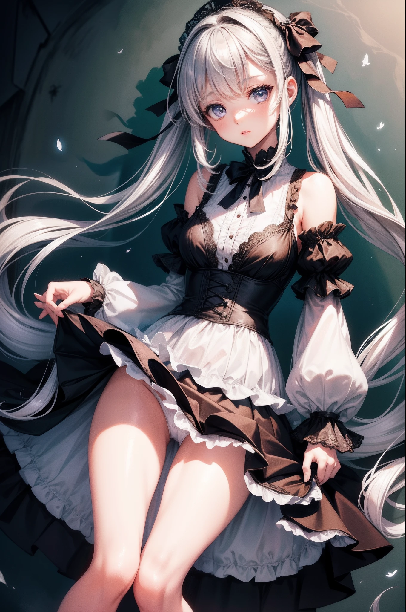 (masterpiece), (best quality), (illustration),1girl, solo, ((an extremely delicate and beautiful)), (()) , cute, expressionless, beautiful detailed eyes,grey eyes, silver hair, short twintails, large breast,((very_long_hair)), {{Gothic_Lolita}}, black_white skirt, skirt lift,white panties,nipples,bowtie, hair bow, [flying butterfly], ink and wash painting,,