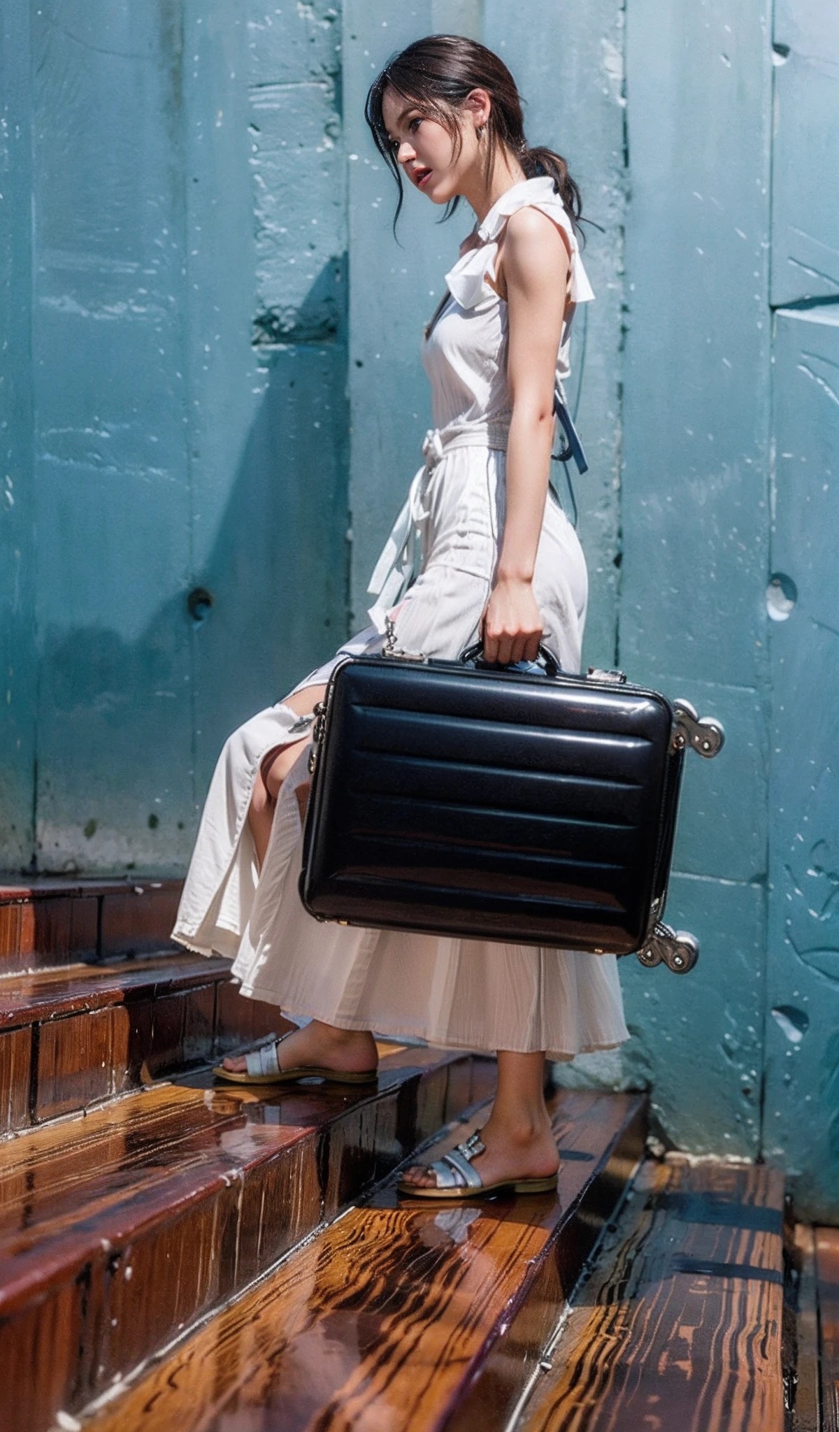 Woman carrying suitcase while going up stairs, Luggage, in suitcase, traveling clothes, holding a briefcase,, Traveller, instagram post, easygoing, carrying a tray, elegant sleek smooth body, Masterpiece,Hyper-realistic
