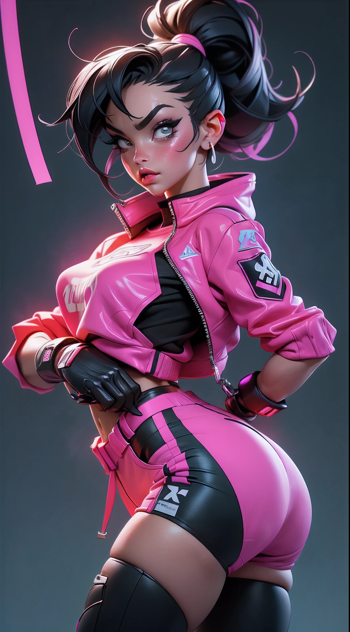 ((Best quality)), ((Masterpiece)), ((Realstic)) and ultra-detailed pchaudography, Juri Han,Jolie fille Juri Han de Street Fighter, gros cul, Jolie fille, neon light. porte un (Top Tech-Wear) et un (corde noire, motif blanc :1.2) , ((beautiful and aesthetic)), sexy, gros seins, chaud, grosse poitrine, back position accroupi, phone dans la main droite, Gymnase,