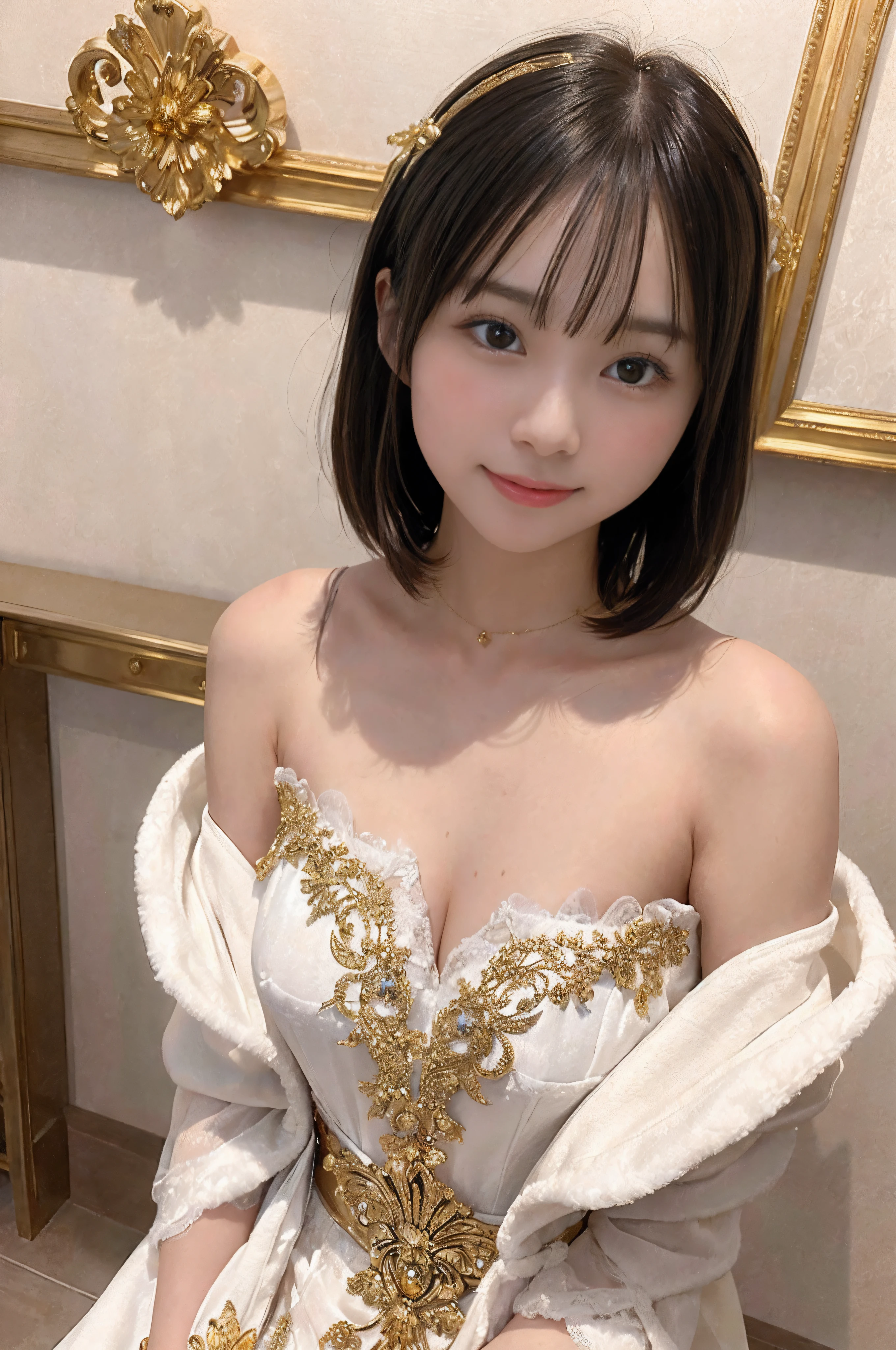 (highest quality, On the table:1.2), (Actual:1.3), (非常にDetailed Background, Detailed Background), Bokeh,Shooting from the side, ((Medium chest)), [Beautiful Valley],(Off the shoulder,No sleeve,princess line yellow wedding dress:1.3),(head:1.5), Bridal Tiara, Wedding Veil, Bridal Gloves, Upper Body, Beautiful wedding venue near the sea, ager, Lovely,smile,