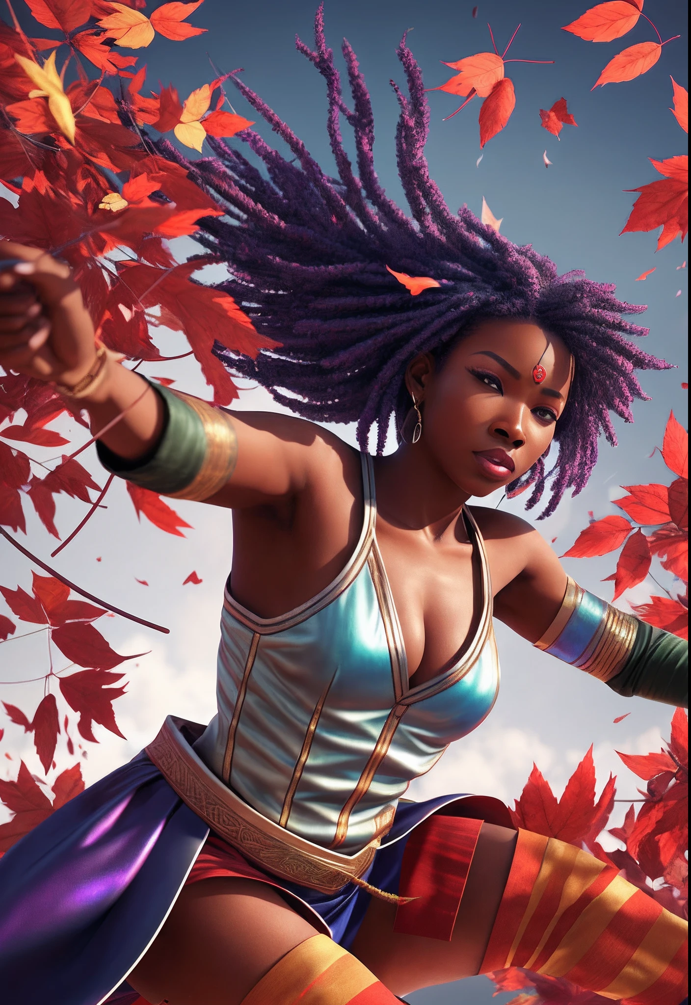 African woman dressed in African design samurai clothes, with curly blue hair with a sword jumping in air, fighting pose in mid air slashing falling red leaves with a sword, with iridescent light, highly detailed images, vibrant beautiful colours, photorealistic image, 8k, ultra HD, unreal engine rendered, cinematic lighting, artgerm style, --auto --s2