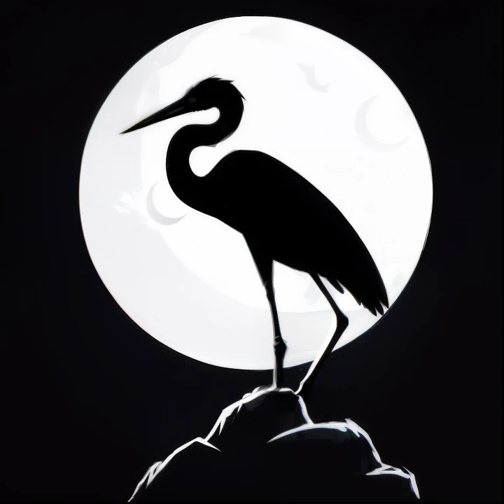 a silhouette of a bird standing on a rock in front of a full moon, inspirado em Sugimura Jihei, hegre, silhueta estilizada, inspirado por Thomas Crane, noite, silhueta preta, noite!, Japanese crane bird in the center, grou, heron prestorn, illustration!, silhueta detalhada, high contrast illustration, arte vetorial em preto e branco, Standing in the moonlight