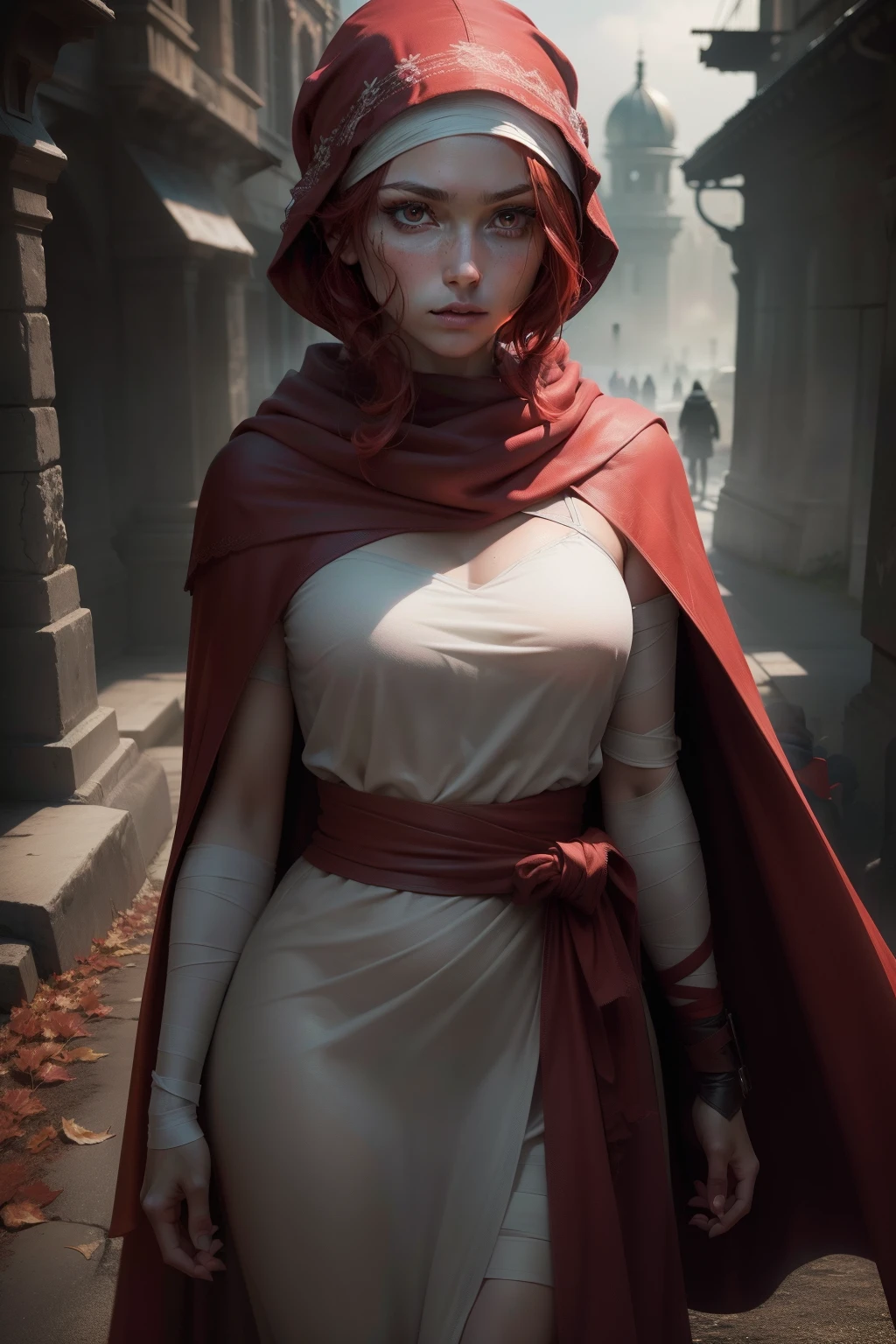 (RAW Photo, 4k, Masterpiece, High Resolution, Extremely Complex) (Realistic: 1.4), Cinematic Lighting, (((a female character))), Ground Focus, Night, Fog, Medieval\(Style\ ), (Best quality ), (Highres), (short red hair),(big flowing red cape),(red and black glue),(8k expressionless face),(Red eyes),(ulzzang-6500:1.0) ,(solo),(Bandage wrapped around head covering one eye) ,(spectators),(piercing gaze),(side),(mysterious catacomb environment),((speed)),(reality),