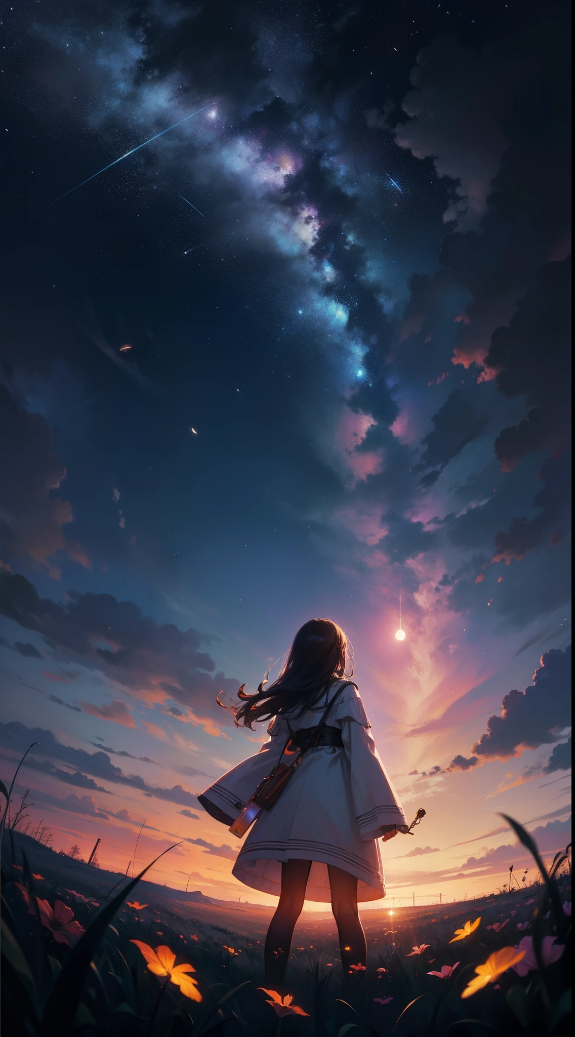Vast landscape photo, (viewed from below, the sky is above and the open field is below), a girl standing on a flower field looking up, (full moon: 1.2), (meteor: 0.9), (nebula: 1.3), distant mountains , Trees BREAK Crafting Art, (Warm Light: 1.2), (Fireflies: 1.2), Lights, Lots of Purple and Orange, Intricate Details, Volumetric Lighting, Realism BREAK (Masterpiece: 1.2), (Best Quality), 4k, Ultra-Detailed, (Dynamic Composition: 1.4), Very Detailed, Colorful Details, (Rainbow Colors: 1.2), (Glow Lighting, Atmospheric Lighting), Dreamy, Magical, (Solo: 1.2)