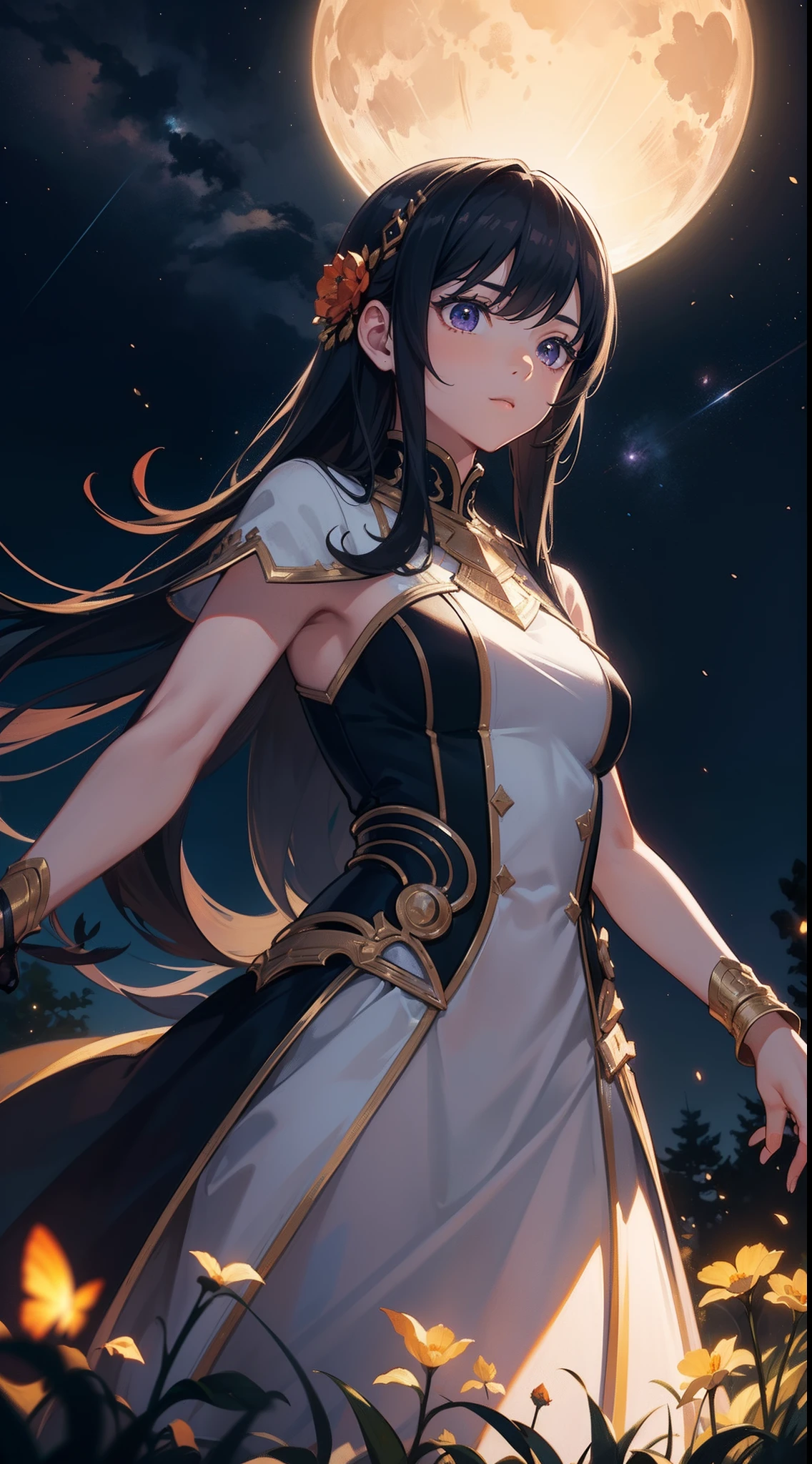 Vast landscape photo, (viewed from below, the sky is above and the open field is below), a girl standing on a flower field looking up, (full moon: 1.2), (meteor: 0.9), (nebula: 1.3), distant mountains , Trees BREAK Crafting Art, (Warm Light: 1.2), (Fireflies: 1.2), Lights, Lots of Purple and Orange, Intricate Details, Volumetric Lighting, Realism BREAK (Masterpiece: 1.2), (Best Quality), 4k, Ultra-Detailed, (Dynamic Composition: 1.4), Very Detailed, Colorful Details, (Rainbow Colors: 1.2), (Glow Lighting, Atmospheric Lighting), Dreamy, Magical, (Solo: 1.2)