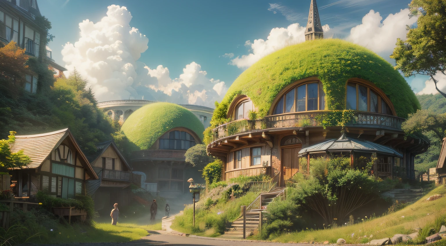 Fantastic house in the middle of fresh green meadow、blue open sky、In the middle of the space、planetes、There are green roofs and green roof houses, fantasy house, realistic fantasy rendering, fantasy architecture, in the art style of filip hodas, Round houses, fantasy planet, fantasy matte painting,Cute, Overgrown planet, fantasy building, Round house and cute characters, In Studio Ghibli style, Sunpunk architecture, ultra detailed fantasy