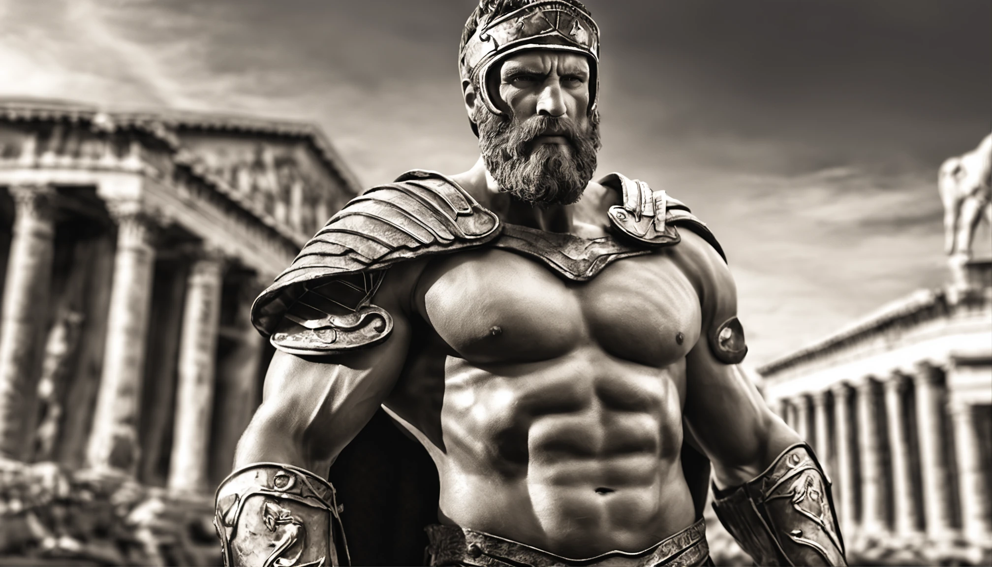 Blurry black and white epic digital painting of a powerful Stoic Roman warrior in the foreground looking determined forward in heroic pose. Ele tem longos cabelos castanhos cacheados, thick beard and wears muscular chest armor on display. In the background we see a Lepidus view of ancient Rome with classical buildings, aquedutos e o Coliseu. The sepia tone brings an air of nostalgia and drama to the scene. O leve desfoque adiciona profundidade e foca no guerreiro estoico determinado e imponente em primeiro plano."