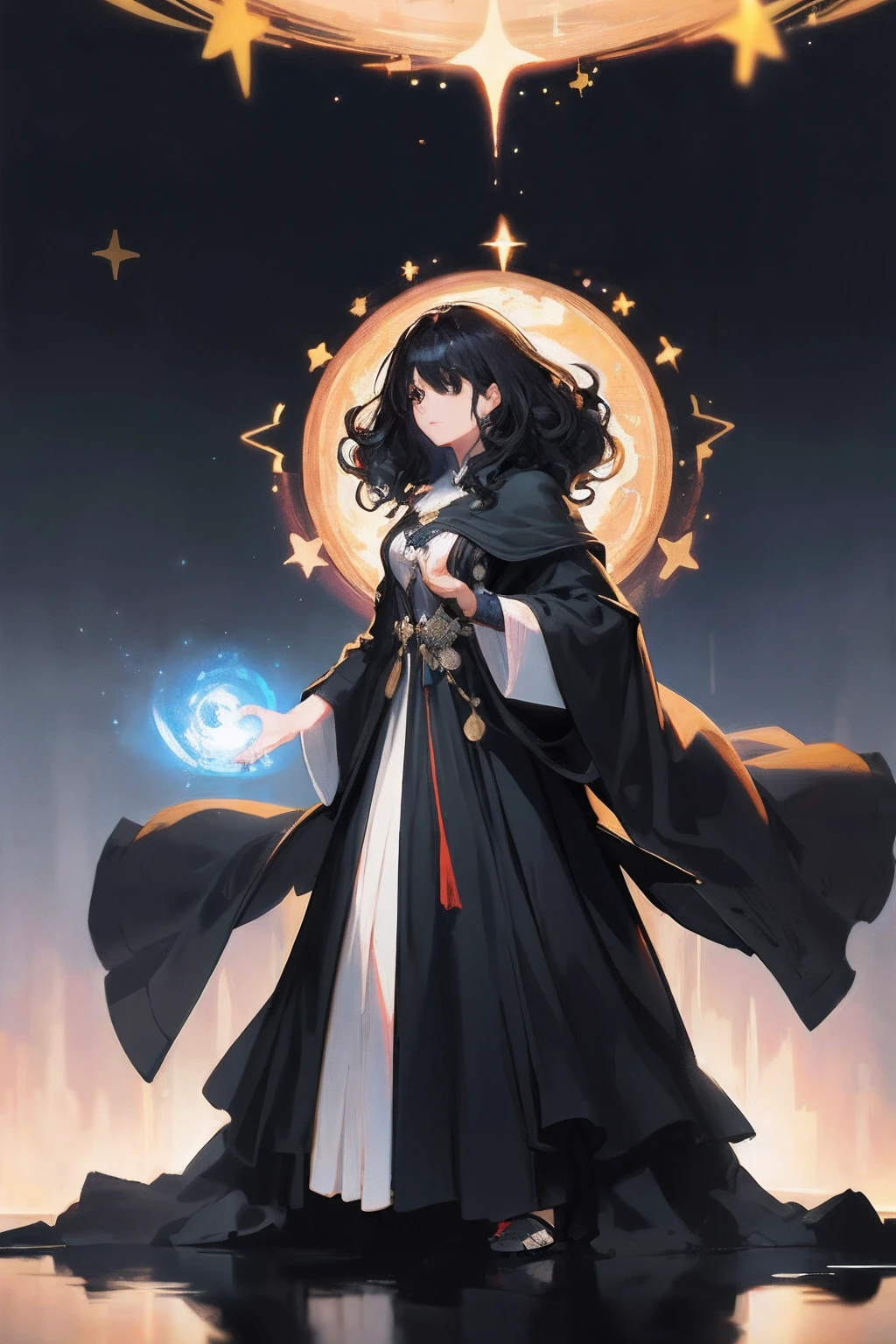 Original Character, woman, mature woman, adult woman, mommy, 35 years old, black hair ((curly hair:1.0)), short hair, black eyes, neutral expression, Fantasy Concept Art, Volumetric Lighting, Best Shadows, Shallow Depth of Field, Portrait Of Mystic sorcerer, , Delicate mage robes, astral clothes, magic tower background, star decoration, extremely Tall, Standing Tall, (Highest Quality, Amazing Details:1.25), (Solo:1.3), Brilliant Colorful Paintings, cowboy shot