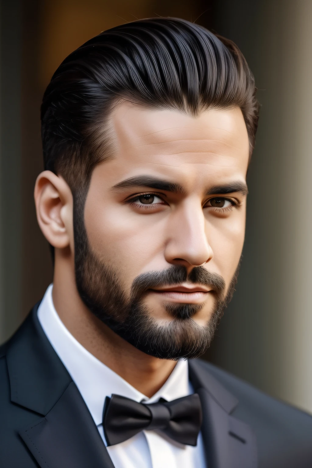 arafed man in a suit and tie looking at the camera, modelo bem cuidado, bonito e elegante, olhar 43, homem muito atraente com barba, slicked back hair, Macho bonito, cabelos lisos, bonito e atraente, maxilar afiado com uma barba clara, homem bonito, barba cuidada, rosto sofisticado e arredondado, cabelo preto liso, cabelo preto, frente, cabelo raspado nas laterais no pente #1 e aparado na tesoura em cima, cabelo baixo