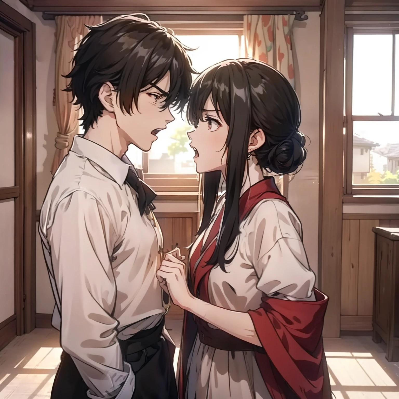 In a village room, a young couple stands side by side in the room talking angrily, (young couple 1.5) (open mouth yelling 1.5) (angry expression 1.5) (background is in the village room) anime style 4 K, anime rendering, anime style. 8K, upper body display 1.5) (cinematic lighting 1.5)