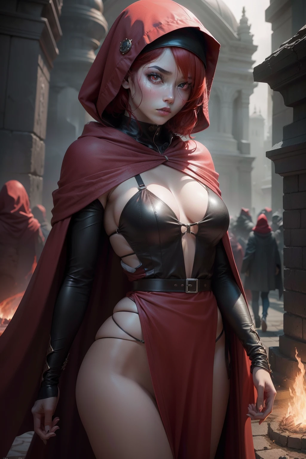 (RAW photo, 4k, masterpiece, high resolution, extremely complex) (realistic: 1.4), cinematic lighting, (((a female character))), Focus on ground, (night), fog, medieval\( Style\), ( Best quality ), (Highres), (short red hair),(big flowing red cape),(red and black glue),(8k expressionless face),(Red eyes),(ulzzang-6500: 1.0),(solo),(Bandage wrapped around head covering one eye),(spectators),(piercing gaze),(side),(mysterious catacomb environment),((speed)),(reality),