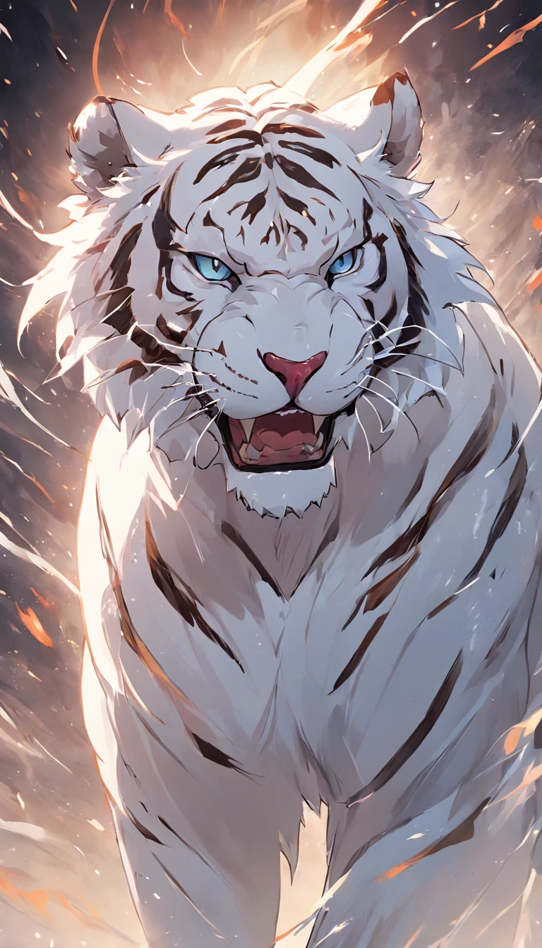 Draw a giant white tiger，Domineering，Clear tiger claws，​​clouds，Sideburns，ultra-clear，The eye，teeth，Vivid image