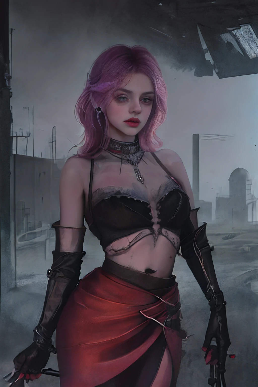 Texas saloon, Dusky bar, dusty walls, spider webs, warm colors, black and white style, red dead redemption 2. Luis Royo-like illustration of a beautiful long-haired goth fairy robot Mila Kunis in a post-apocalyptic landscape. Full body illustration, long pink hair, short skirt, big purple boots.