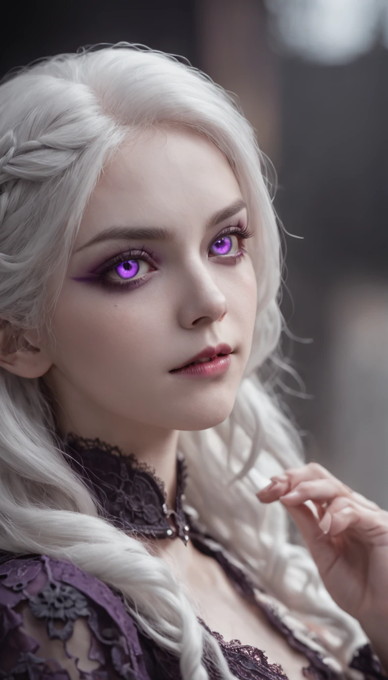 Masterpiece, Best quality, 1 girl, Solo,(Natural skin texture, Realistic purple eyes and facial details :5),(Dark :1.4), Deep shadows, Extremely detailed beauty, Detailed eyes and face, Sharp purple eyes, lipsticks, No black eyeliner, Detailed gothic costumes, Coiled hair, White hair like snow, nikon d850 film, Surreal, Realistic textures, Dramatic, lighting, illusory engine, (Face definition :1.5), (Transparent dress :1.1) Gothic style, Black lace dress, Violet colored eyes,Purple pupils,glomy