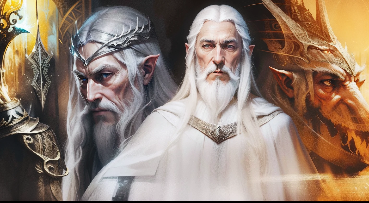 a close up of a man with a white beard and a white robe, of elven queen galadriel, galadriel, gandalf the white, style of lord of the rings, gandalf as a woman, Galadriel in Lothlórien, inspired lord of the rings, lord of the rings movie, middle-earth, middle - earth
