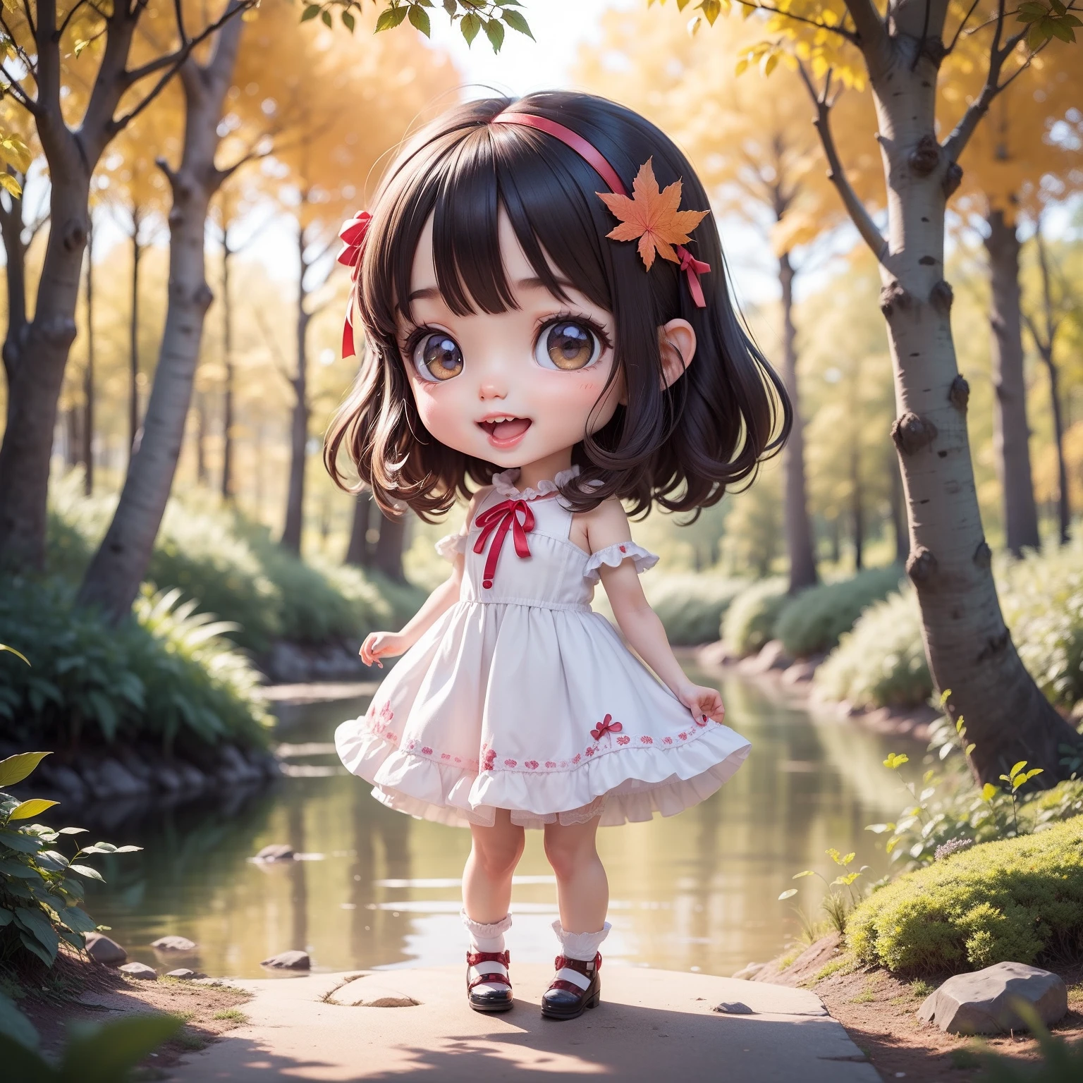 Nezuko,chibi,mini,realistic,Effect Lightning, cherry tree background,3d,cinematic render,smile,With a pose ready to fight,photorealistic,full body, (naked),1girl, medium tits