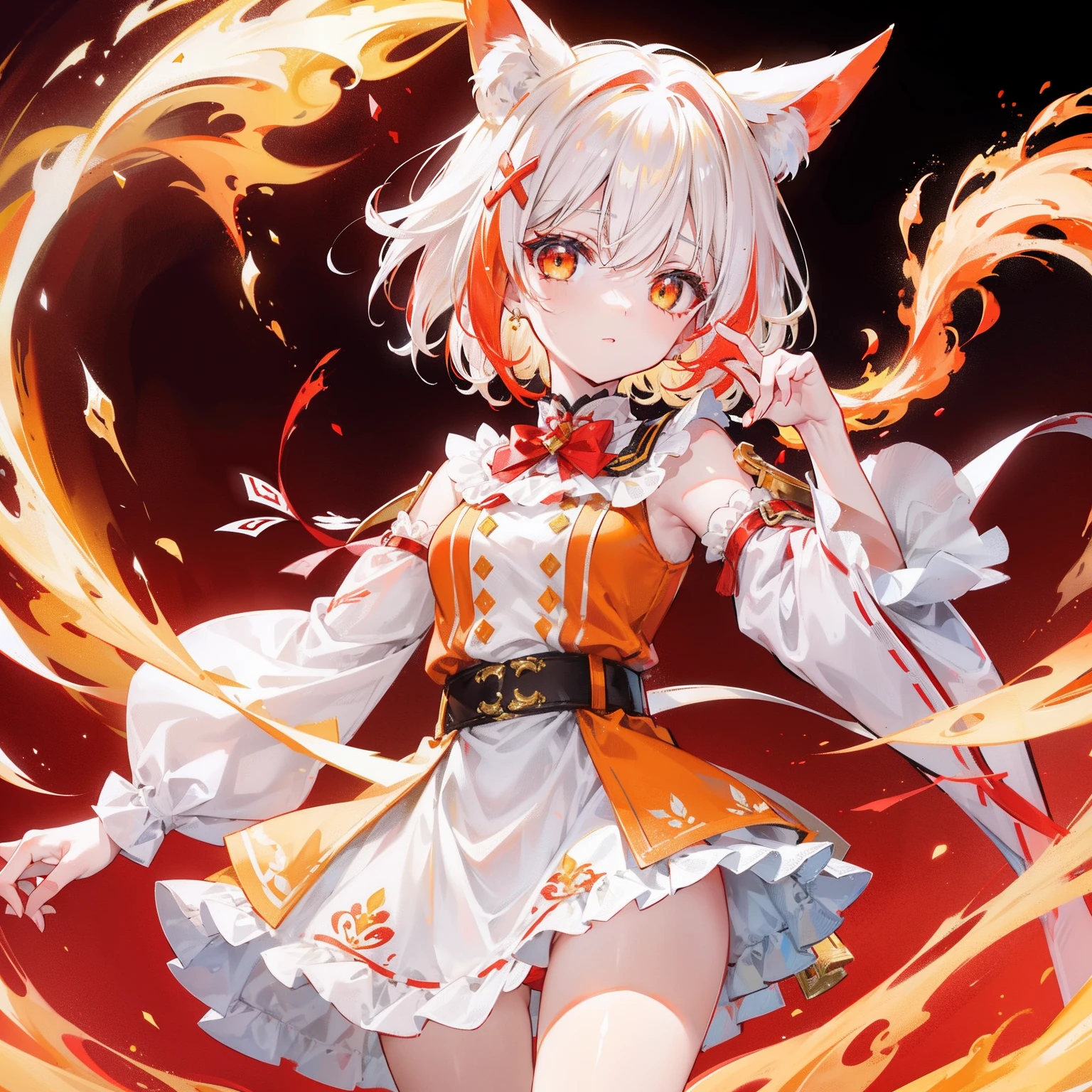 with short white hair,Slightly reddish tinge,The head is decorated with a yellow bow,Crimson pupils,Red, Orange and yellow clothes,It's a cute ,White flame burning background,She will use white flames