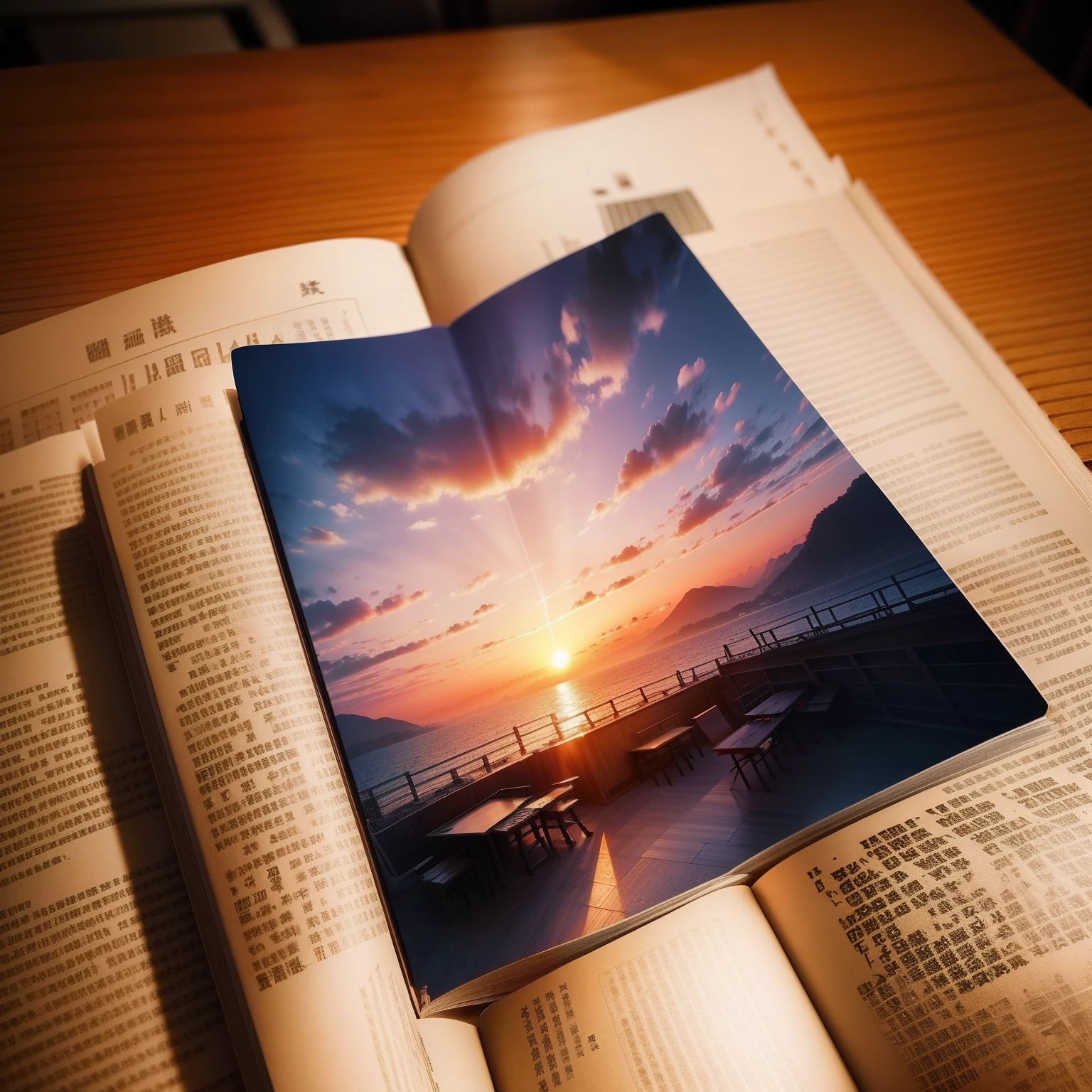 Sunset in the background，An open book on the table，A piece of film floats above the book。