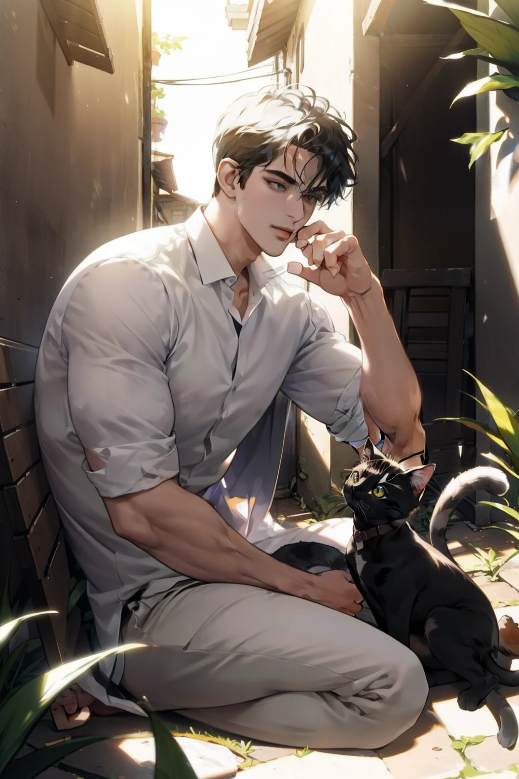 masterpiece, best quality, 1 male, handsome, tall muscular guy, very short hair, best ratio four finger and one thumb, best light and shadow, background is back alley, detasiled sunlight, sitting, Little cats are gathered next to him, dappled sunlight, day, depth of field, plants, summer