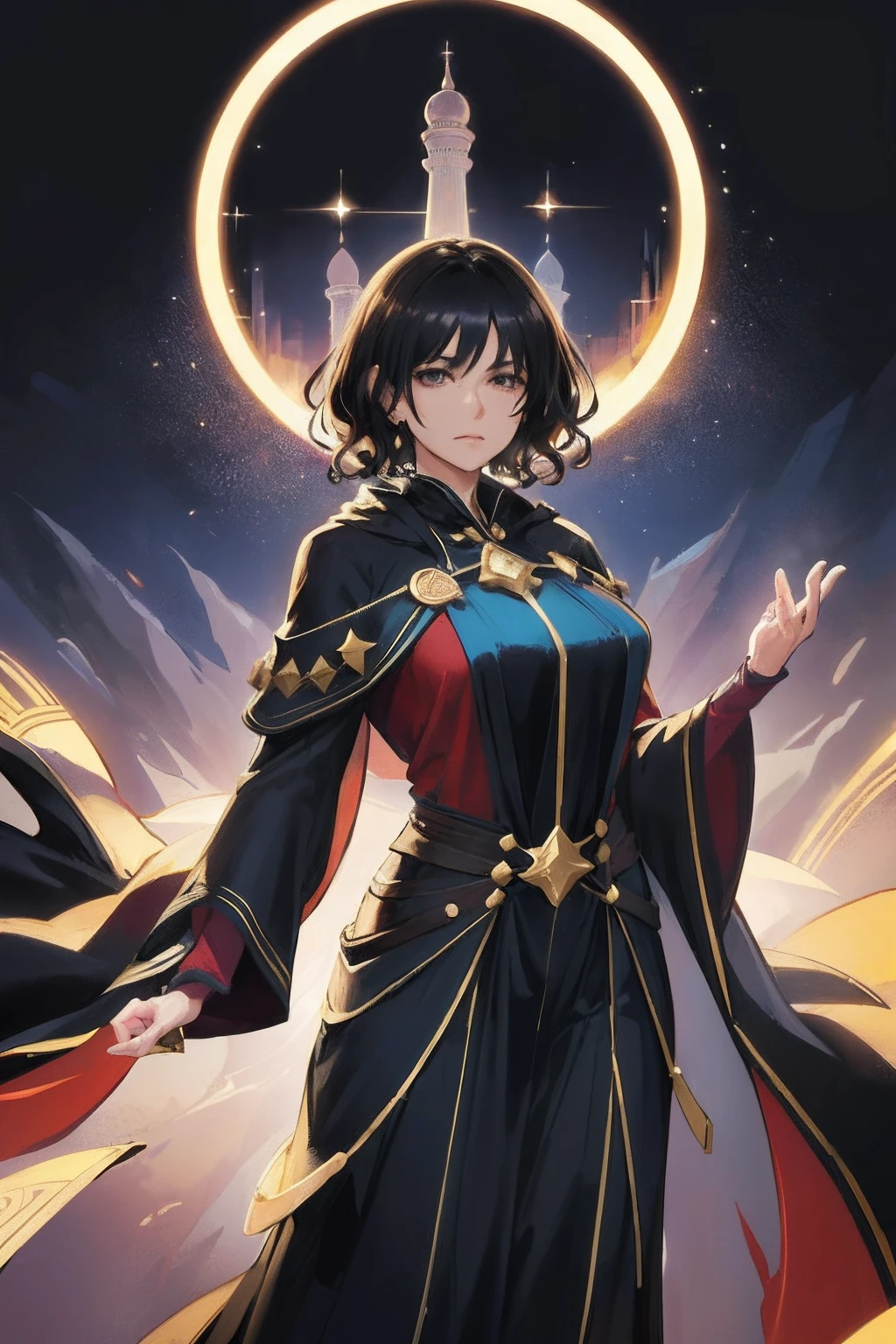Original Character, woman, mature woman, adult woman, mommy, 35 years old, black hair ((curly hair:1.0)), short hair, black eyes, neutral expression, Fantasy Concept Art, Volumetric Lighting, Best Shadows, Shallow Depth of Field, Portrait Of Mystic sorcerer, , Delicate mage robes, astral clothes, magic tower background, star decoration, extremely Tall, Standing Tall, (Highest Quality, Amazing Details:1.25), (Solo:1.3), Brilliant Colorful Paintings, cowboy shot