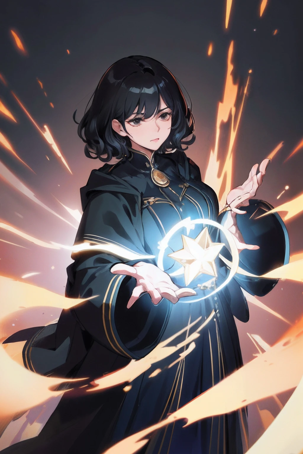 Original Character, woman, mature woman, adult woman, mommy, 35 years old, black hair ((curly hair:1.0)), short hair, black eyes, neutral expression, Fantasy Concept Art, Volumetric Lighting, Best Shadows, Shallow Depth of Field, Portrait Of Mystic sorcerer, , Delicate mage robes, astral clothes, magic tower background, star decoration, extremely Tall, Standing Tall, (Highest Quality, Amazing Details:1.25), (Solo:1.3), Brilliant Colorful Paintings, cowboy shot