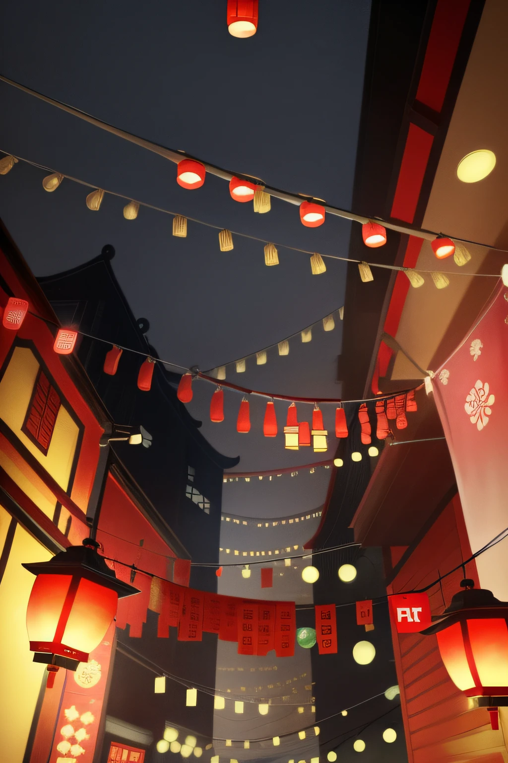 Many red lanterns hang from the ceiling of the building, street lanterns glow, in a narrow chinese alley, Red lanterns, dreamy Chinese towns, evening lanterns, street lanterns are shining, Chinese style buildings, Chinese New Year in Shanghai, Chinese lanterns,