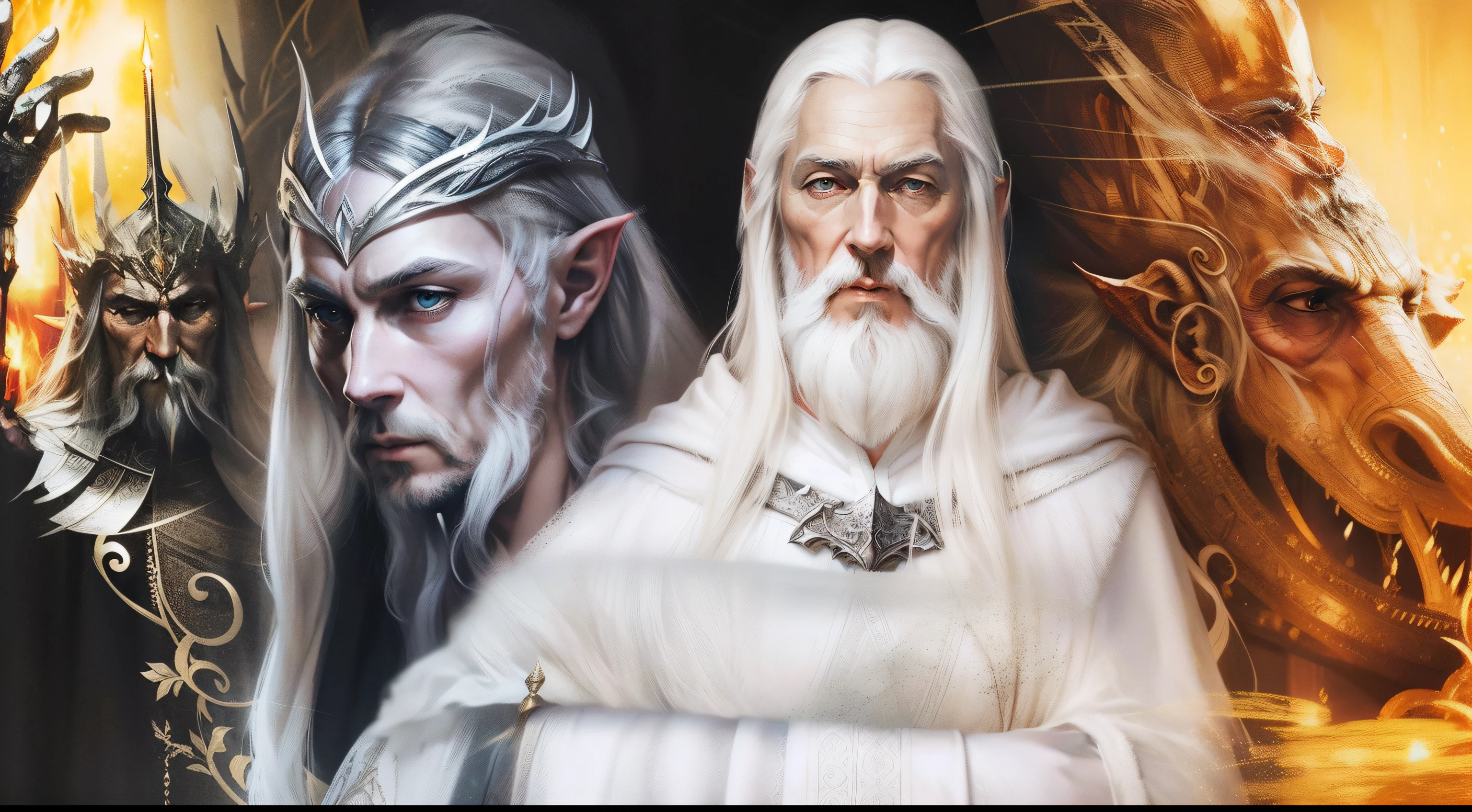 a close up of a man with a white beard and a white robe, of elven queen galadriel, galadriel, gandalf the white, style of lord of the rings, gandalf as a woman, Galadriel in Lothlórien, inspired lord of the rings, lord of the rings movie, middle-earth, middle - earth